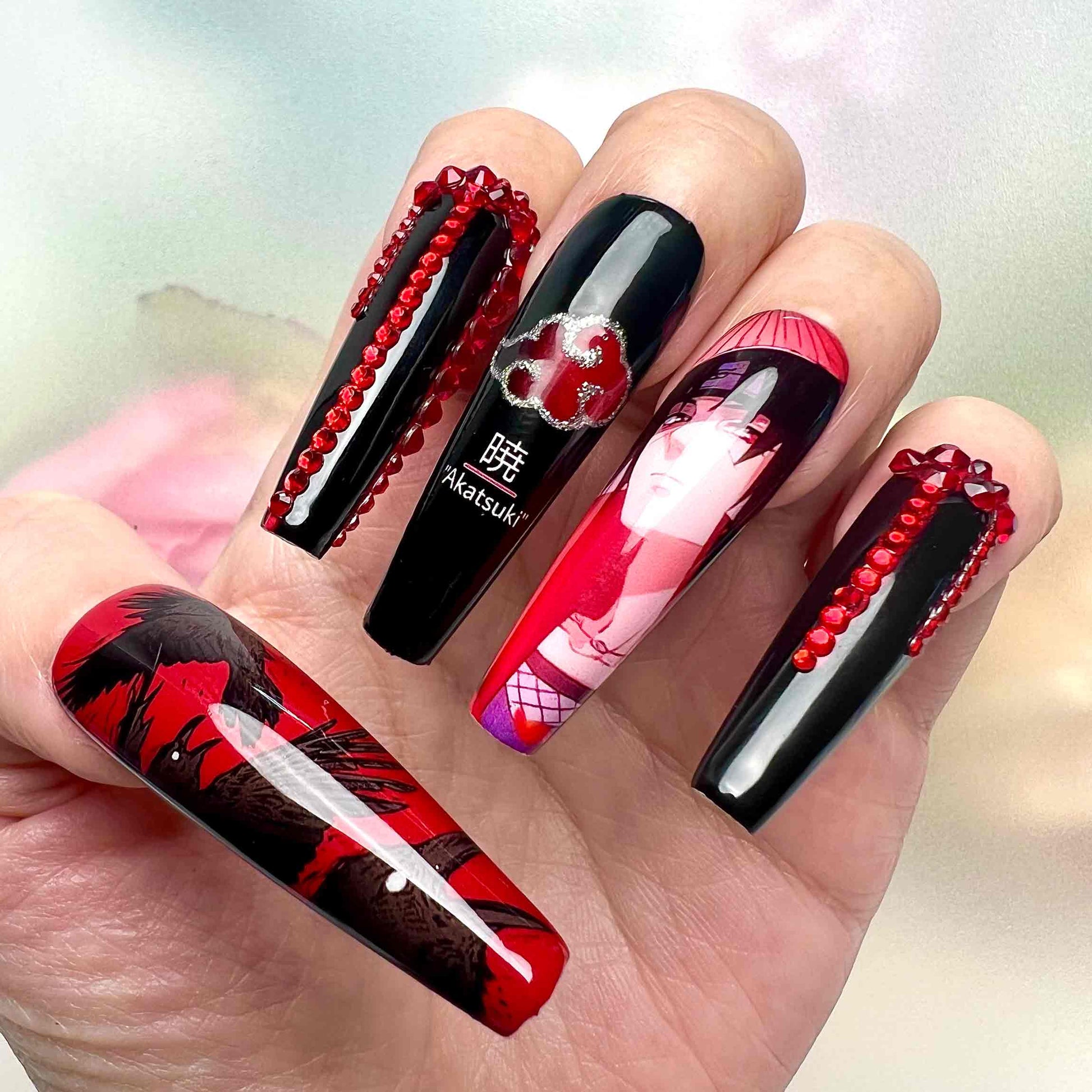 Itachi Uchiha Nails – Naruto Press-On Nail Set, Akatsuki Sharingan Edition | Dragonnail