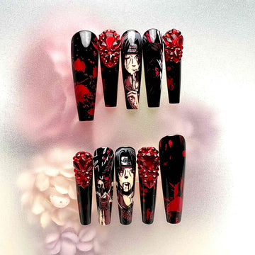 Itachi Uchiha Nails – Naruto Shippuden Press-On Set, 3D Red Crystal &amp; Blood Splatter Akatsuki Design | Dragonnail