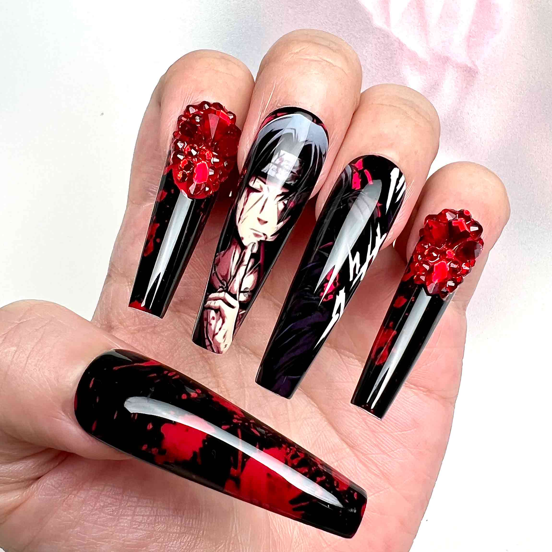 Itachi Uchiha Nails – Naruto Shippuden Press-On Set, 3D Red Crystal &amp; Blood Splatter Akatsuki Design | Dragonnail