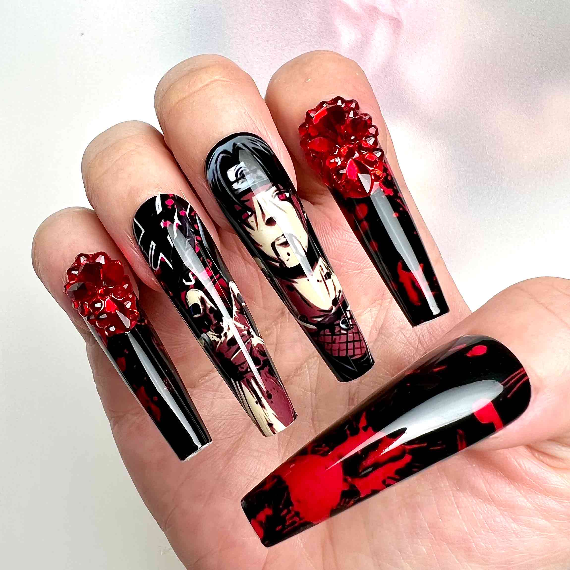 Itachi Uchiha Nails – Naruto Shippuden Press-On Set, 3D Red Crystal &amp; Blood Splatter Akatsuki Design | Dragonnail