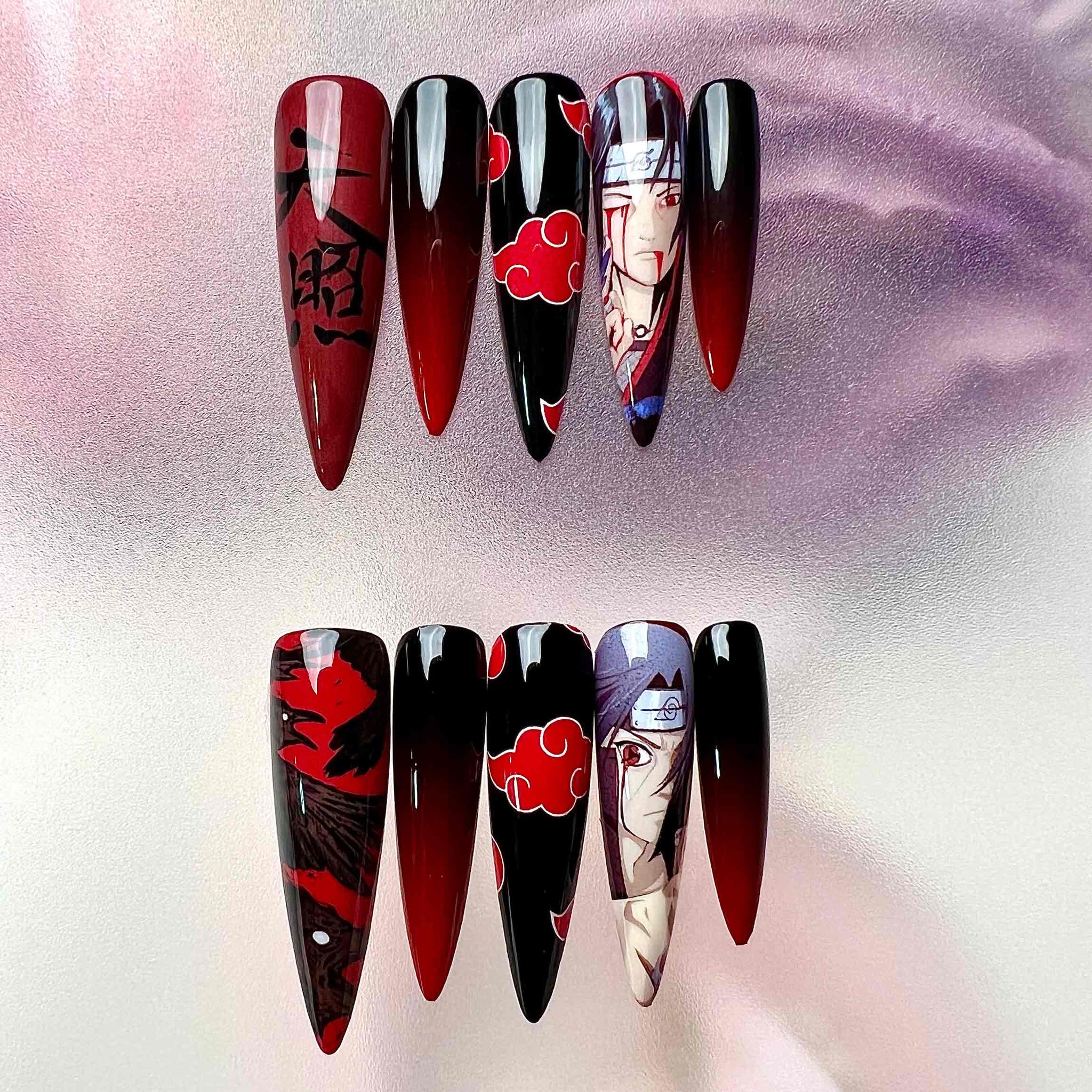 Itachi Uchiha Nails – Naruto Shippuden Press-On Set, Akatsuki Cloud &amp; Red Ombré Anime Design | Dragonnail