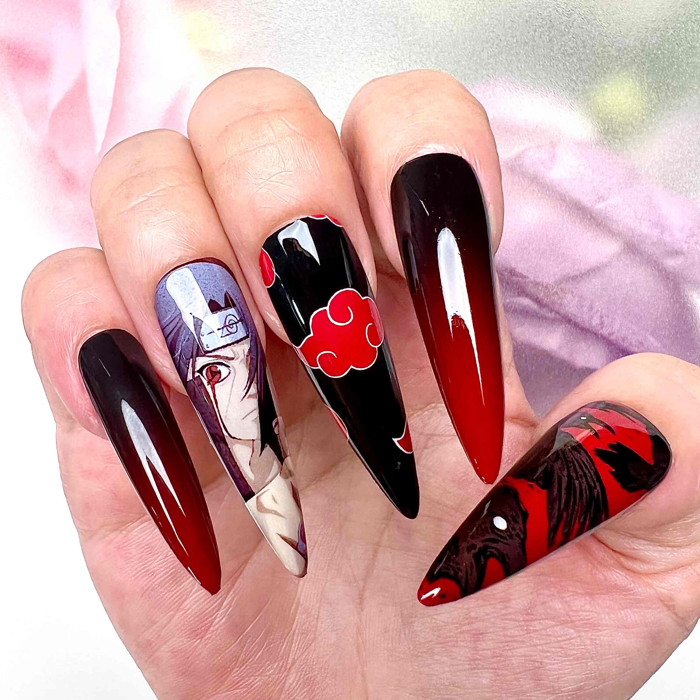 Itachi Uchiha Nails – Naruto Shippuden Press-On Set, Akatsuki Cloud &amp; Red Ombré Anime Design | Dragonnail