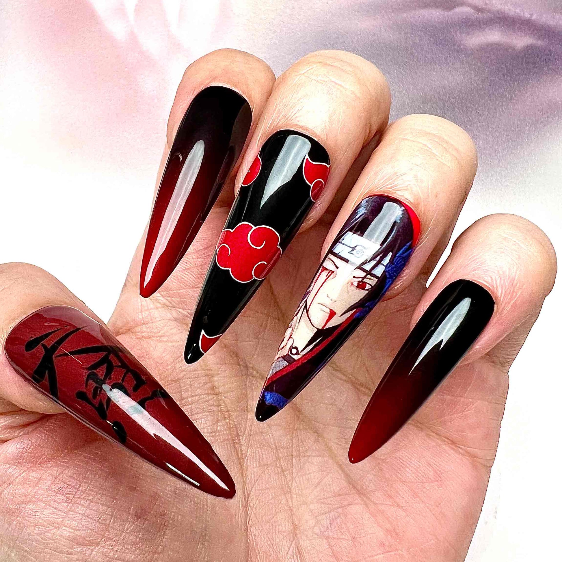 Itachi Uchiha Nails – Naruto Shippuden Press-On Set, Akatsuki Cloud &amp; Red Ombré Anime Design | Dragonnail