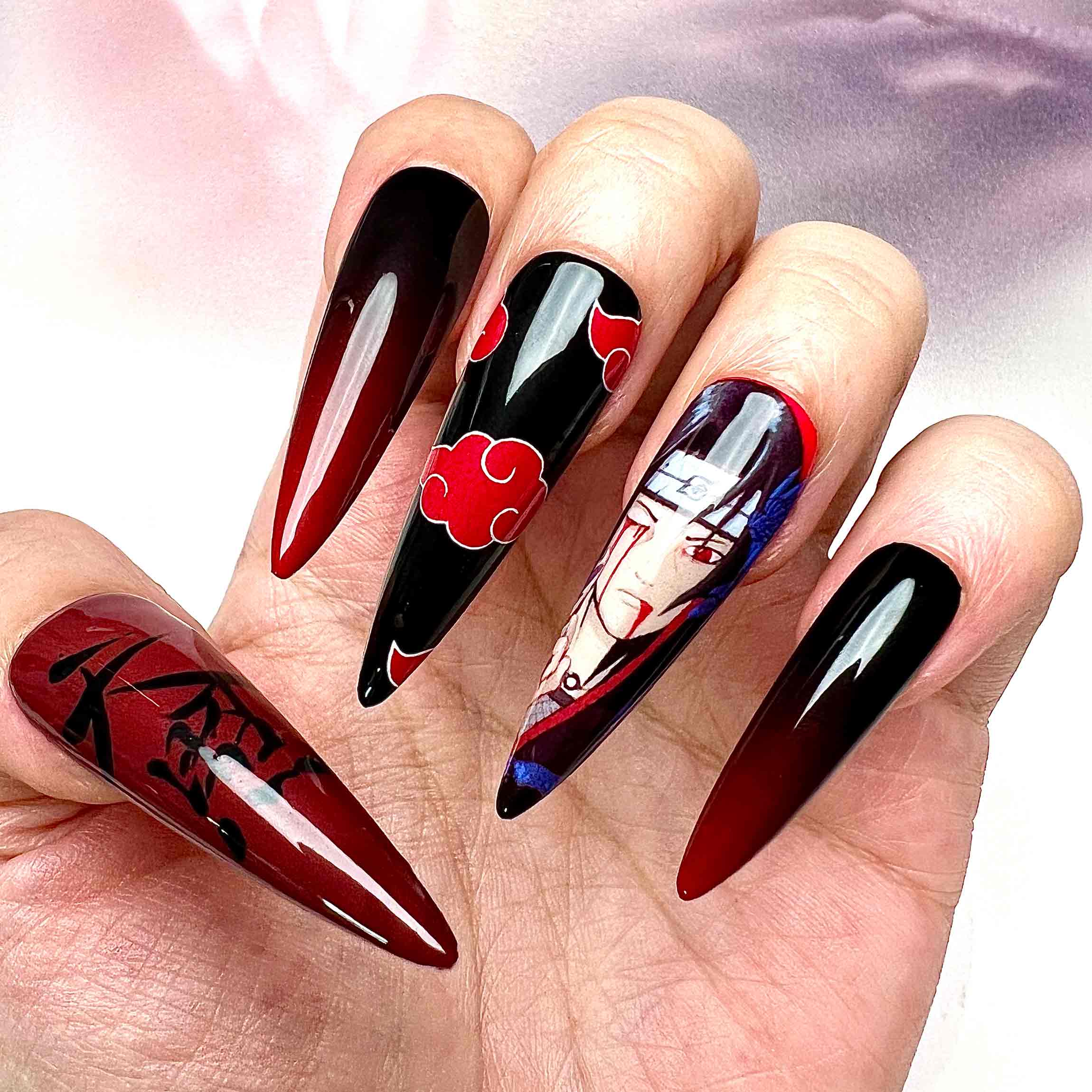 Itachi Uchiha Nails – Naruto Shippuden Press-On Set, Akatsuki Cloud &amp; Red Ombré Anime Design | Dragonnail