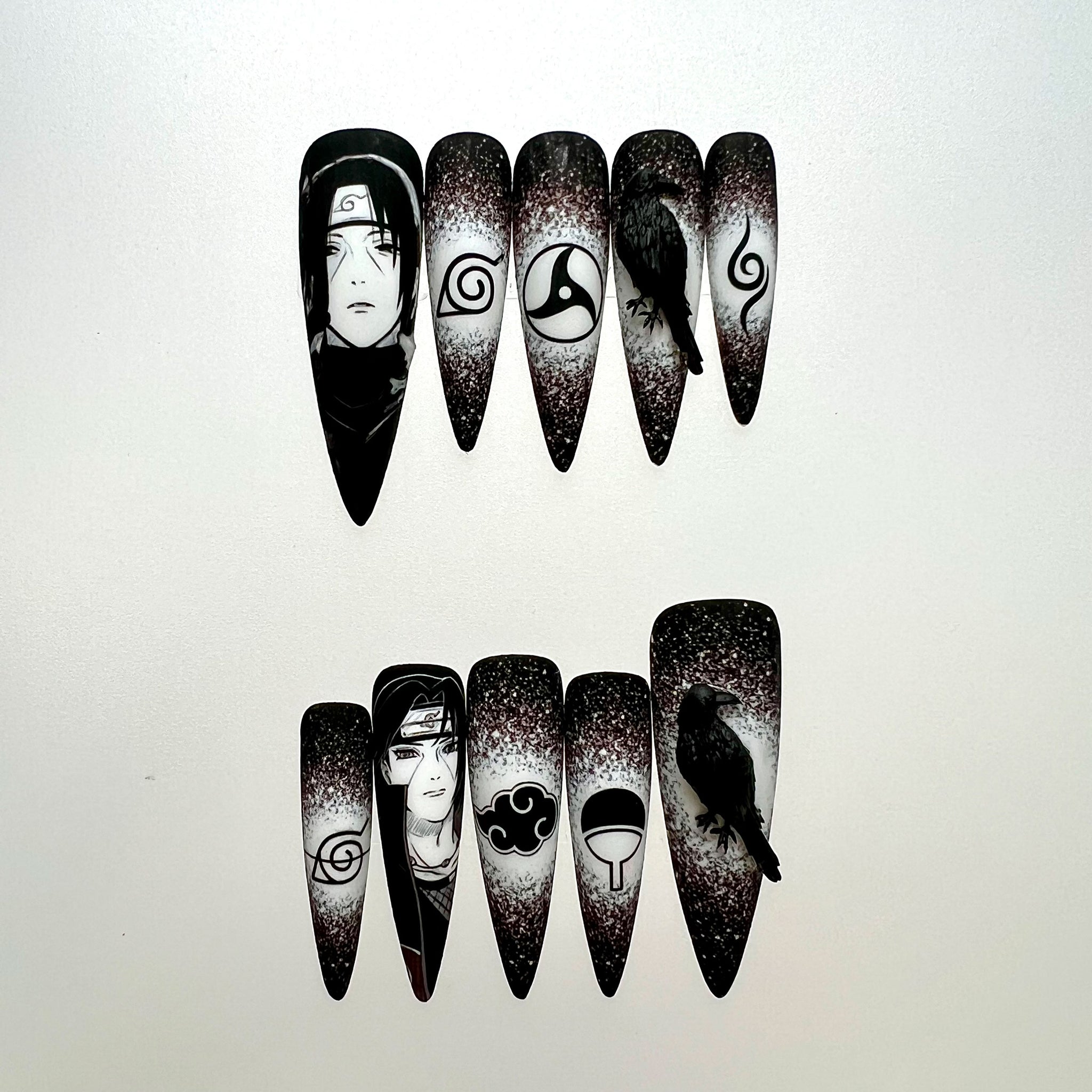 Itachi Uchiha Nails – Naruto Shippuden Press-On Set, 3D Crow &amp; Mangekyō Sharingan Design | Dragonnail
