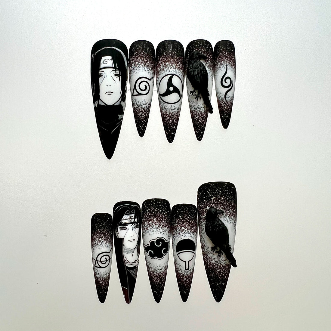 Itachi Uchiha Nails – Naruto Shippuden Press-On Set, 3D Crow &amp; Mangekyō Sharingan Design | Dragonnail