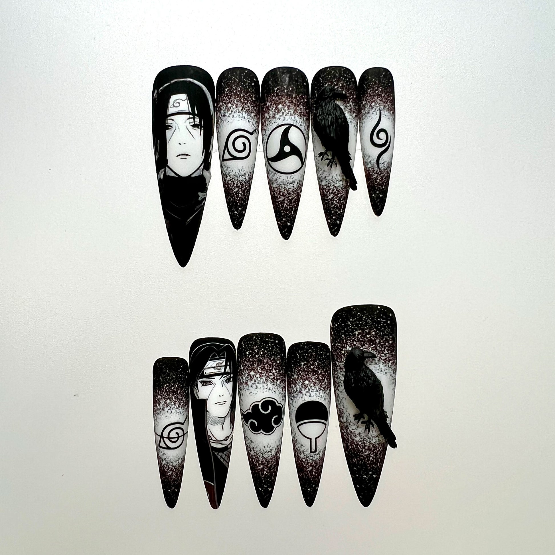 Itachi Uchiha Nails – Naruto Shippuden Press-On Set, 3D Crow &amp; Mangekyō Sharingan Design | Dragonnail