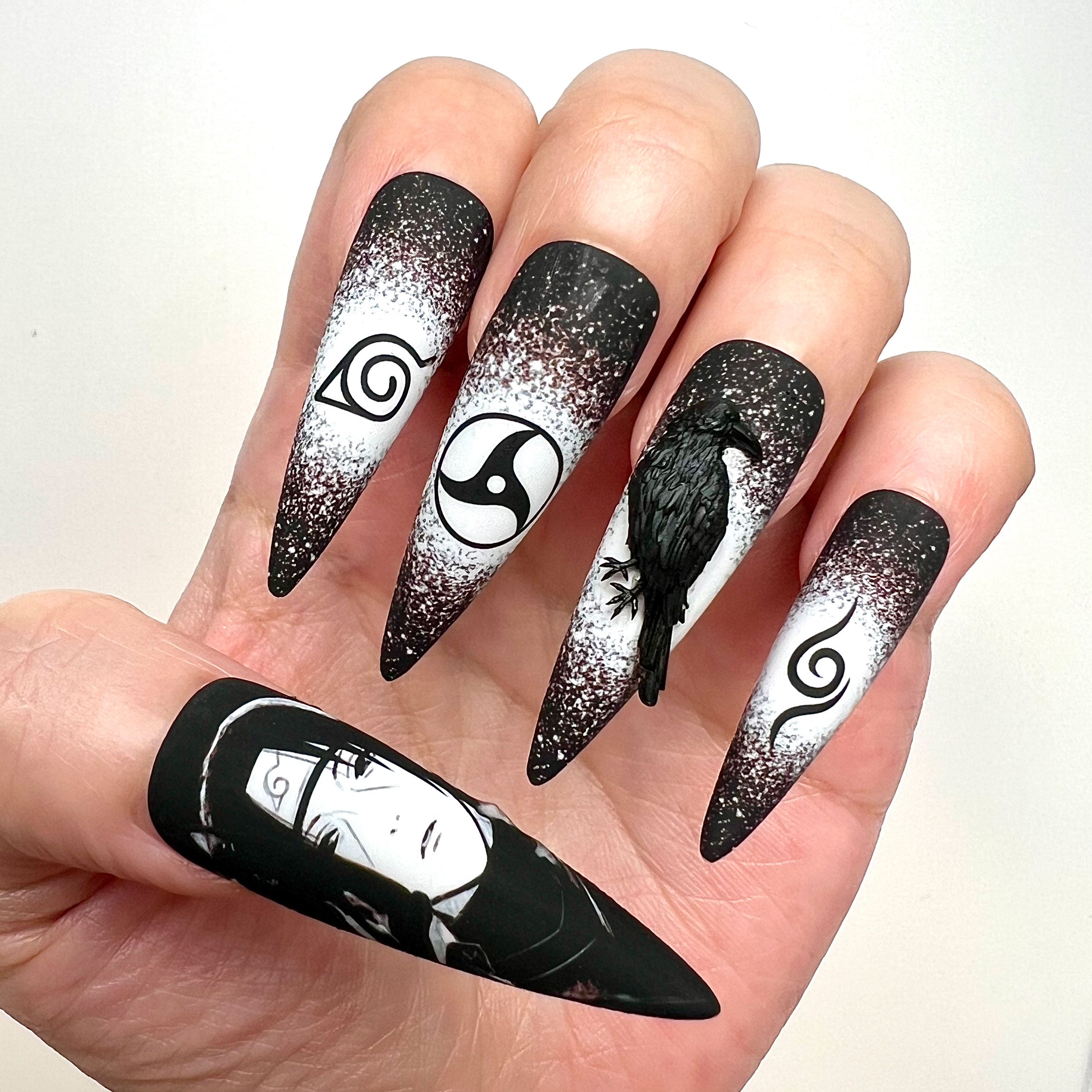 Itachi Uchiha Nails – Naruto Shippuden Press-On Set, 3D Crow &amp; Mangekyō Sharingan Design | Dragonnail