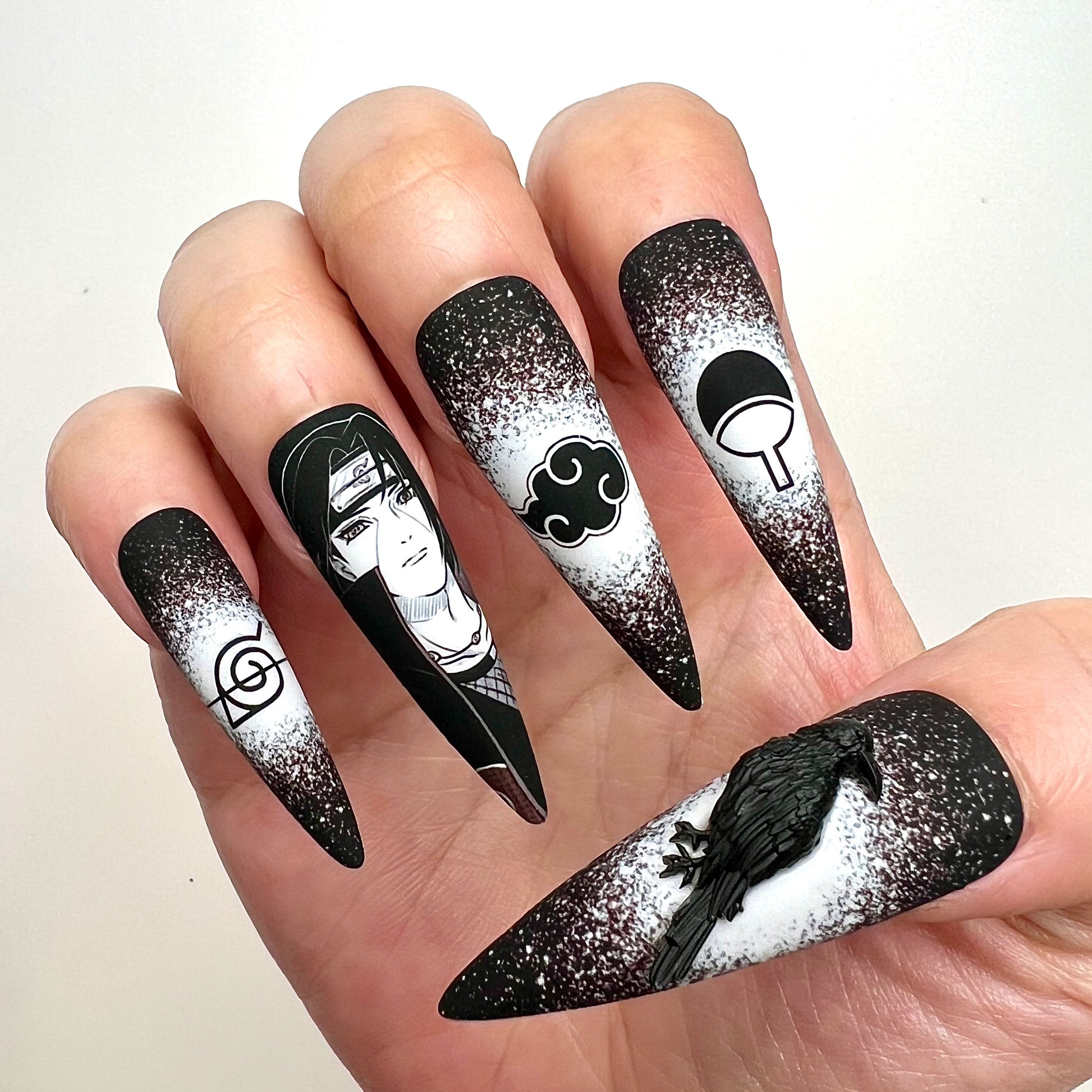 Itachi Uchiha Nails – Naruto Shippuden Press-On Set, 3D Crow &amp; Mangekyō Sharingan Design | Dragonnail