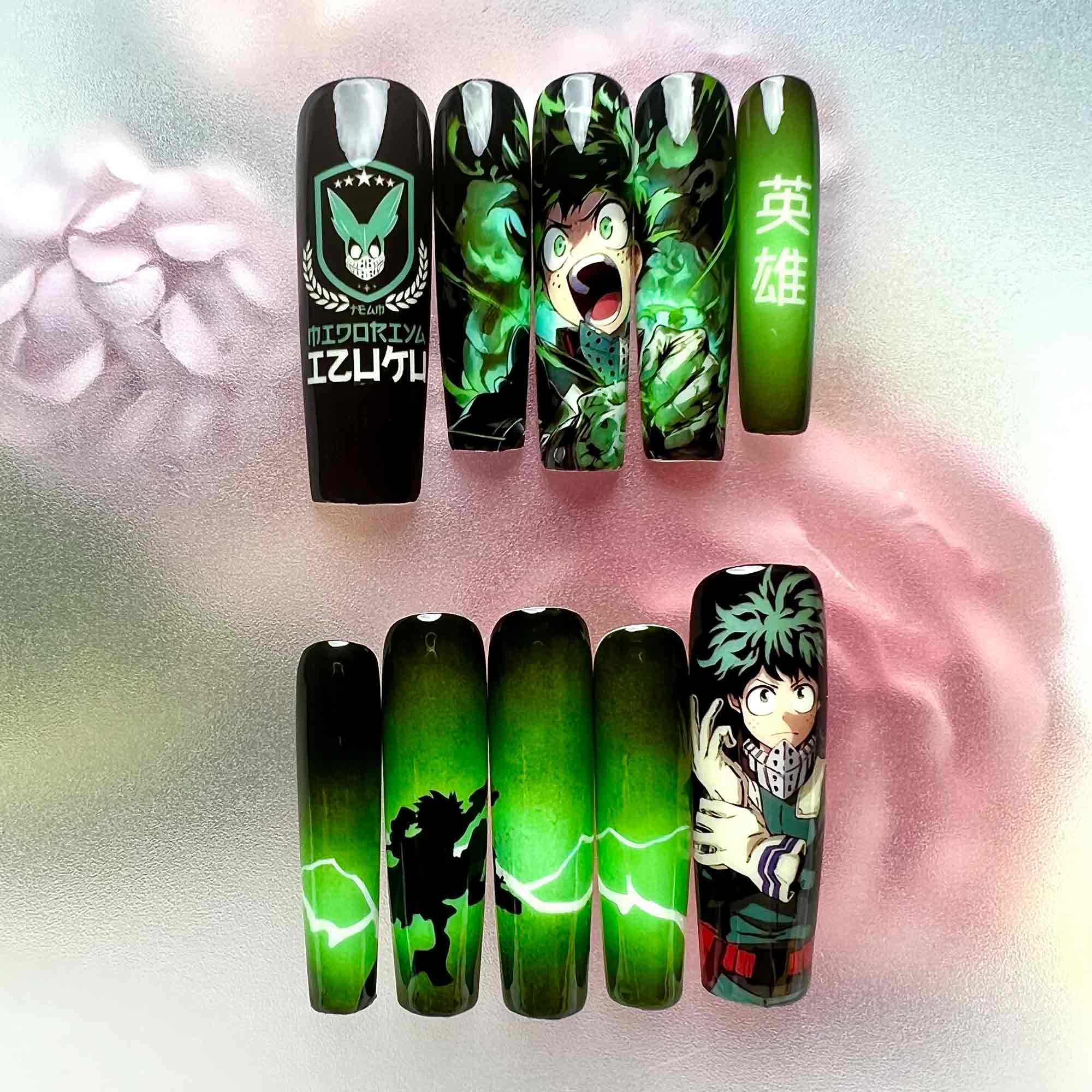 Izuku Midoriya Nails – My Hero Academia Press-On Nail Set, One For All Green Lightning Edition | Dragonnail