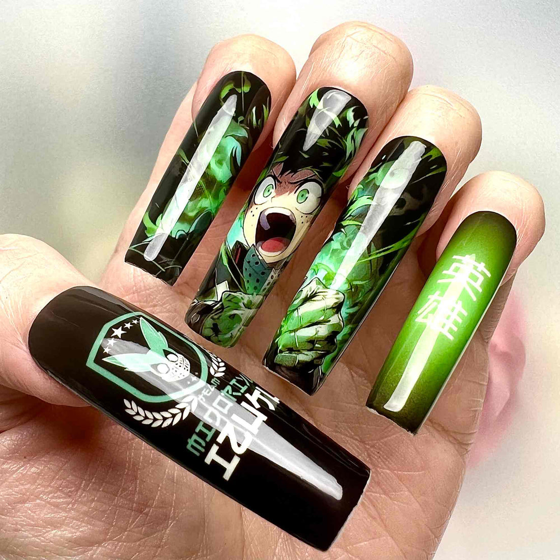 Izuku Midoriya Nails – My Hero Academia Press-On Nail Set, One For All Green Lightning Edition | Dragonnail