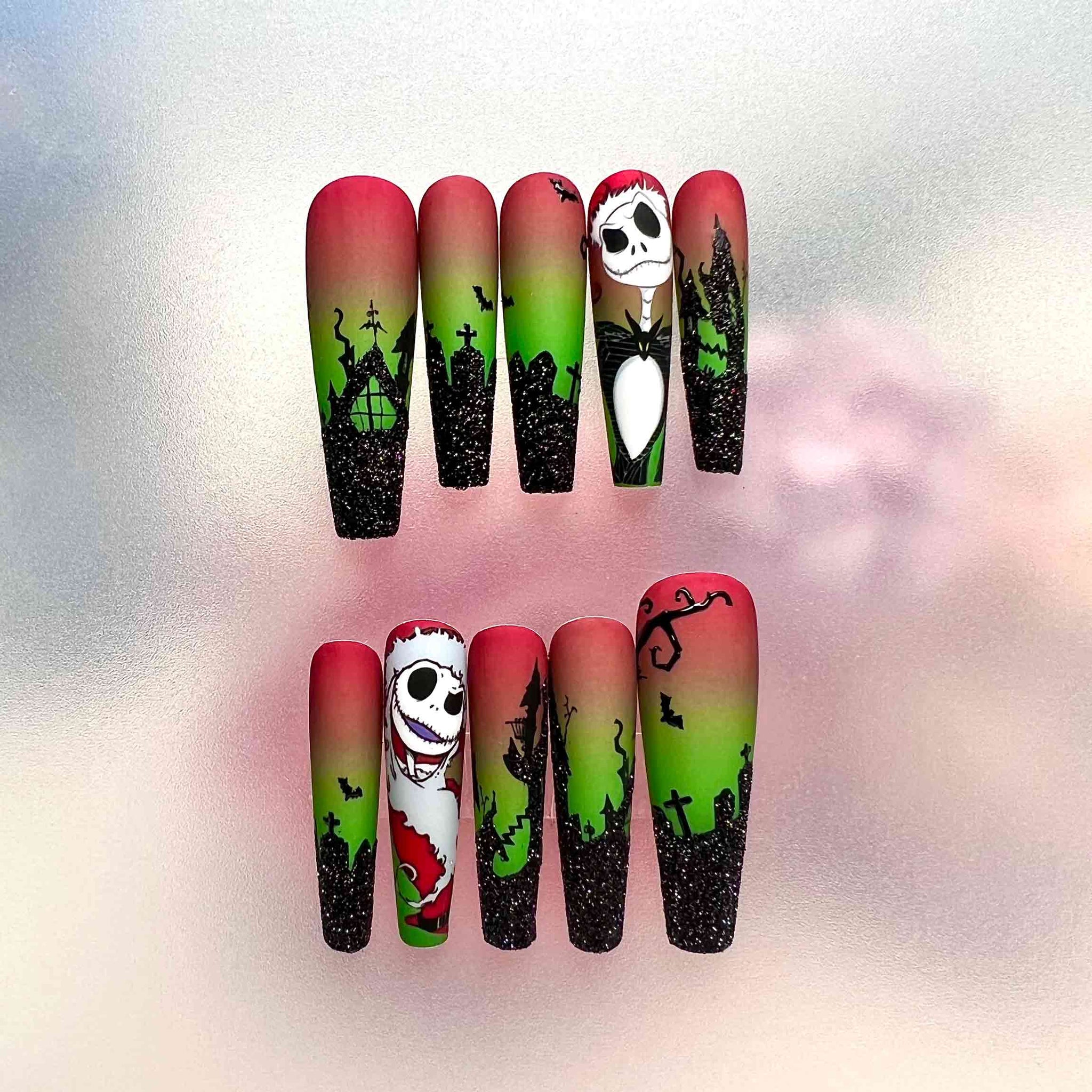 Nightmare Before Christmas Nails – Jack "Sandy Claws" Press-On Set, Spooky Red &amp; Green Gradient, Matte &amp; Glitter Design | Dragonnail