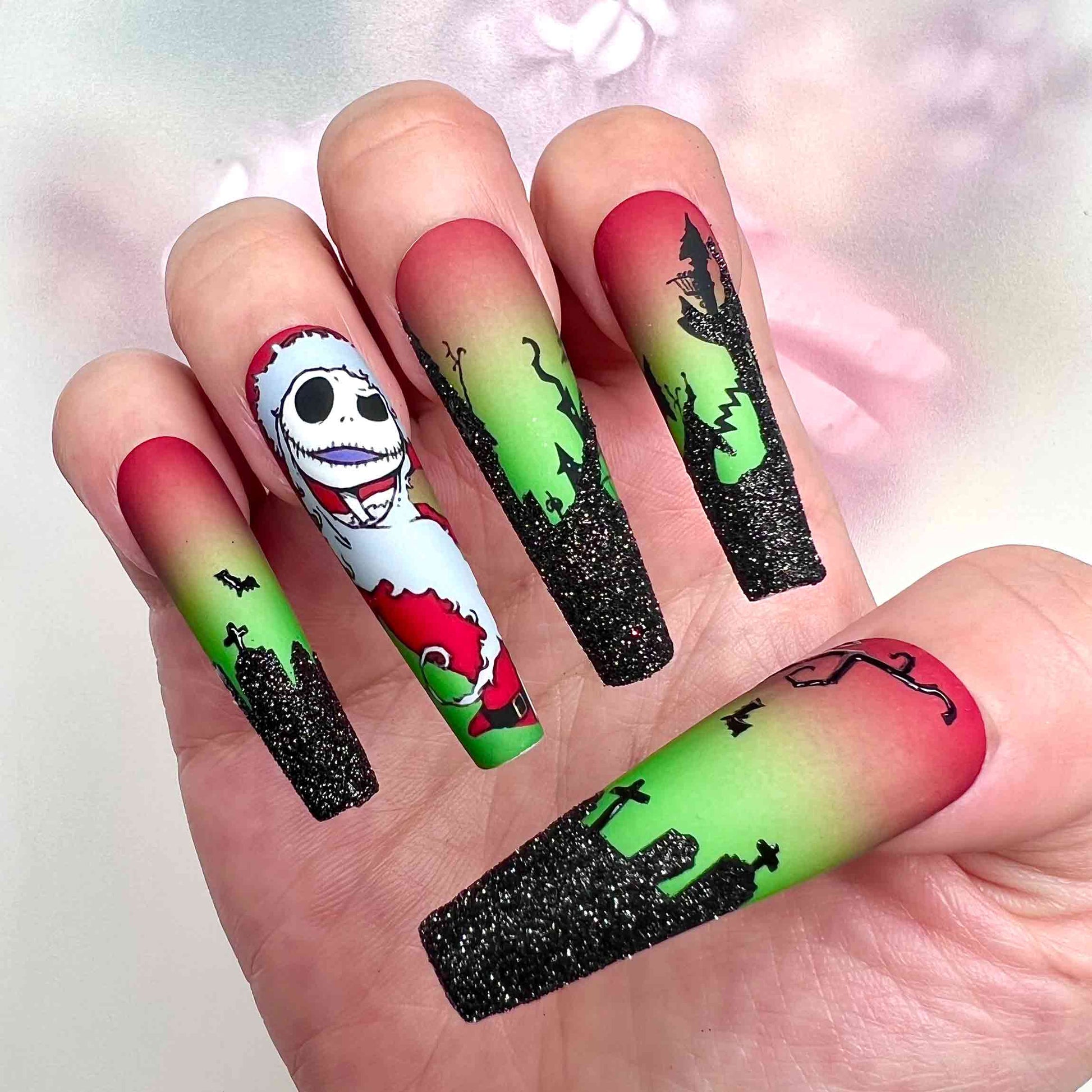 Nightmare Before Christmas Nails – Jack "Sandy Claws" Press-On Set, Spooky Red &amp; Green Gradient, Matte &amp; Glitter Design | Dragonnail