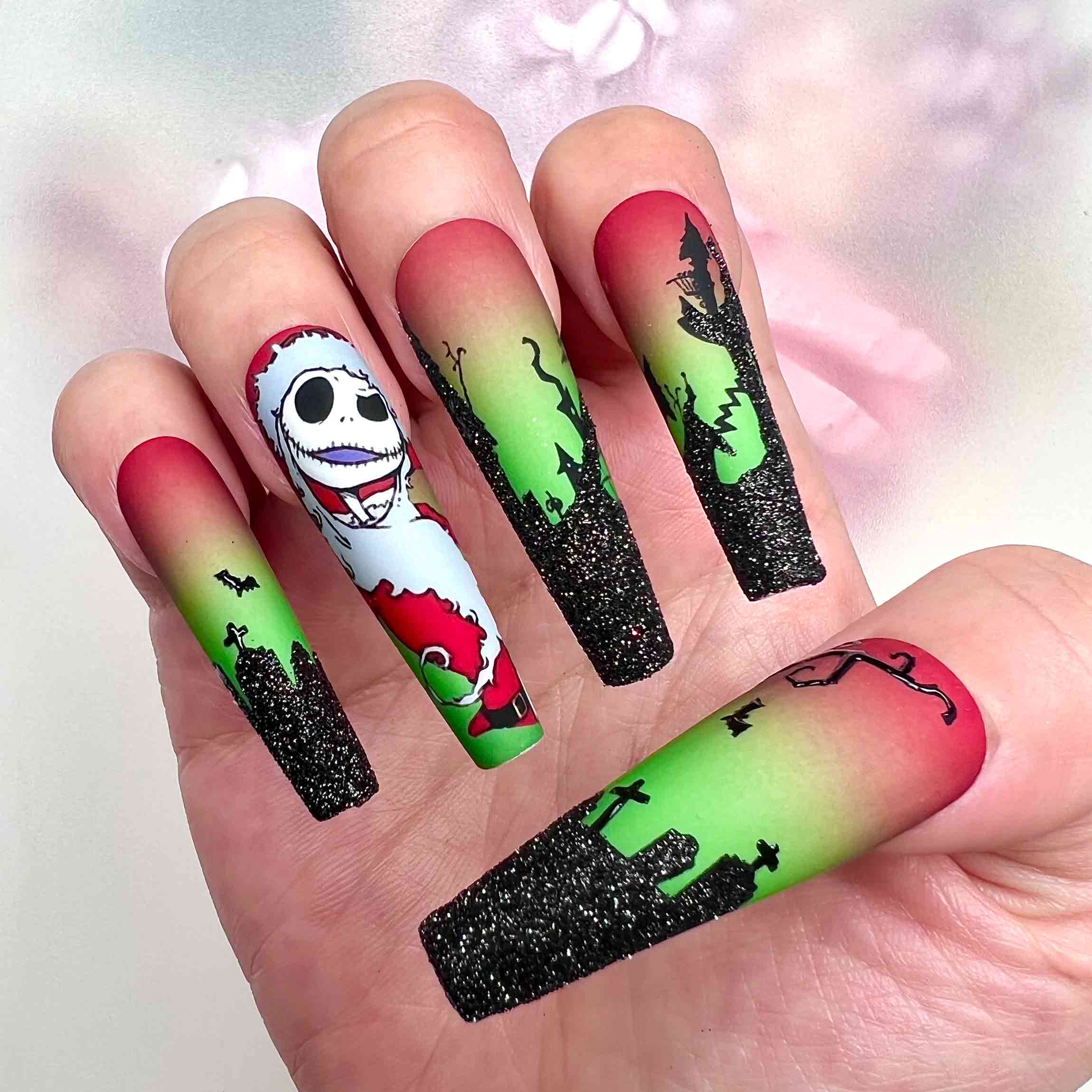 Nightmare Before Christmas Nails – Jack "Sandy Claws" Press-On Set, Spooky Red &amp; Green Gradient, Matte &amp; Glitter Design | Dragonnail