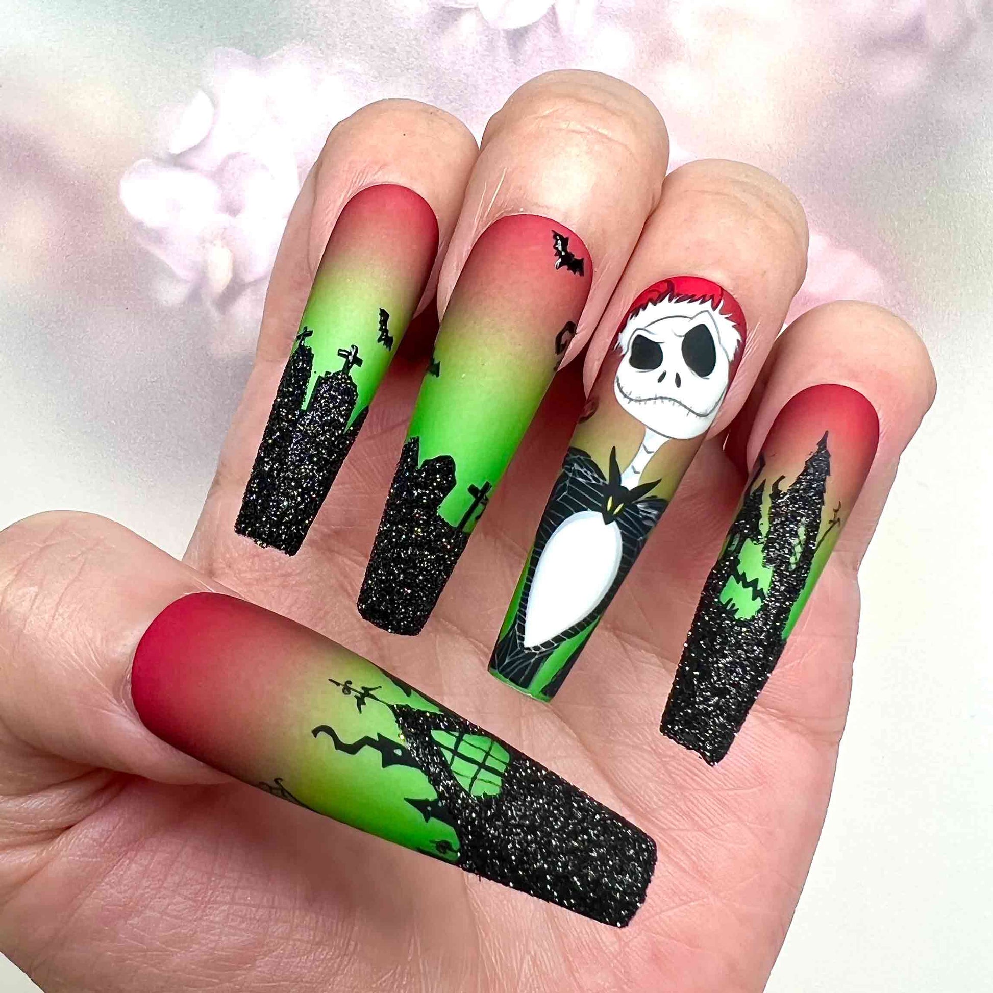 Nightmare Before Christmas Nails – Jack "Sandy Claws" Press-On Set, Spooky Red &amp; Green Gradient, Matte &amp; Glitter Design | Dragonnail