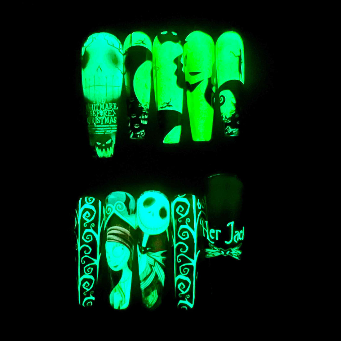 Nightmare Before Christmas Nails – Jack &amp; Sally Press-On Set, Spiral Hill Yellow Moon Anime Design | Dragonnail