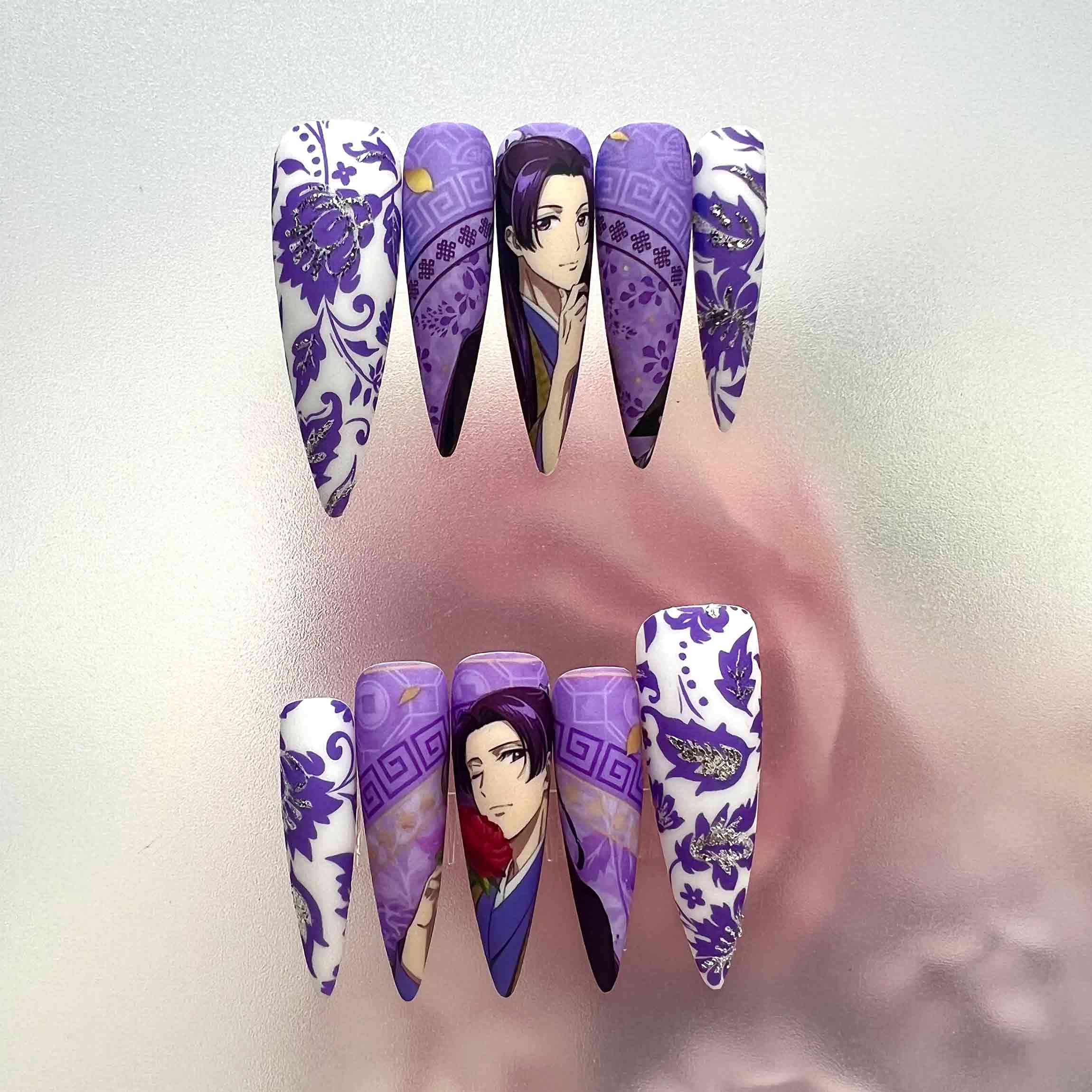 My Happy Marriage Nails – Kiyoka Kudo Press-On Set, Elegant Purple Floral Anime Design | Dragonnail