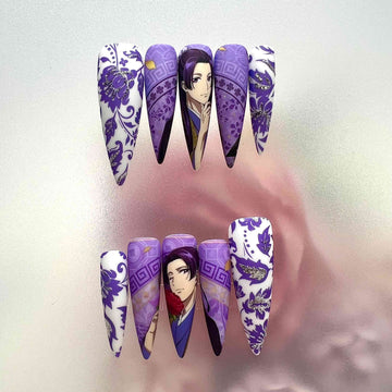 My Happy Marriage Nails – Kiyoka Kudo Press-On Set, Elegant Purple Floral Anime Design | Dragonnail