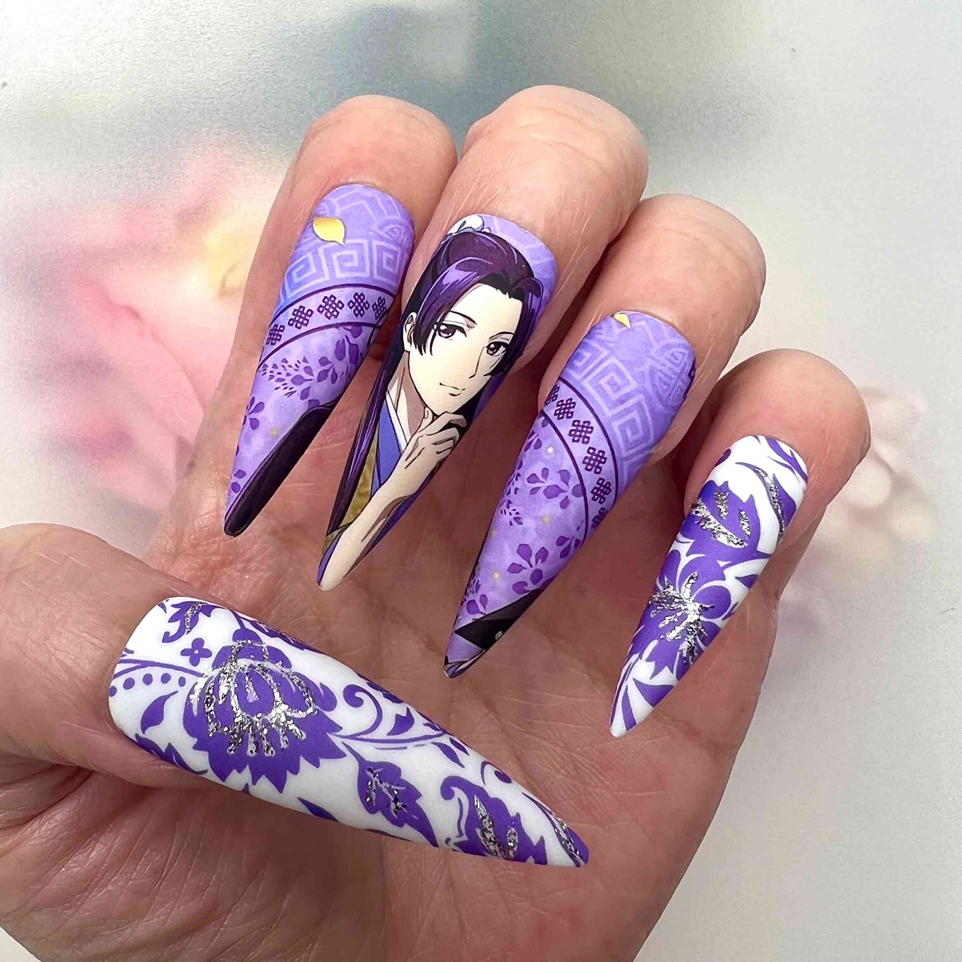 My Happy Marriage Nails – Kiyoka Kudo Press-On Set, Elegant Purple Floral Anime Design | Dragonnail