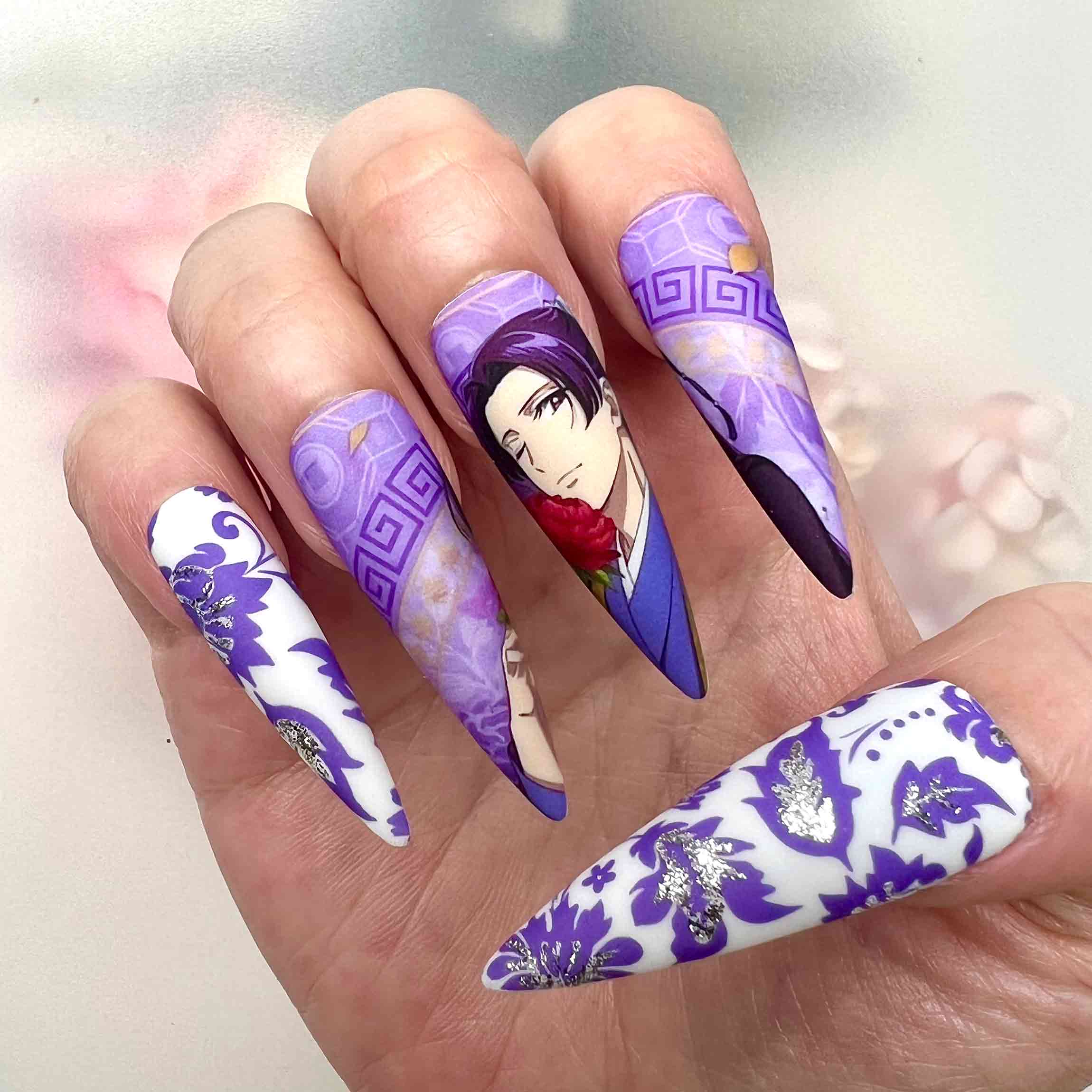 My Happy Marriage Nails – Kiyoka Kudo Press-On Set, Elegant Purple Floral Anime Design | Dragonnail