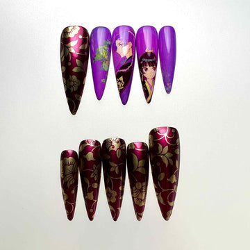 The Apothecary Diaries Nails – Maomao &amp; Jinshi Press-On Set, Burgundy &amp; Gold Floral Anime Design | Dragonnail
