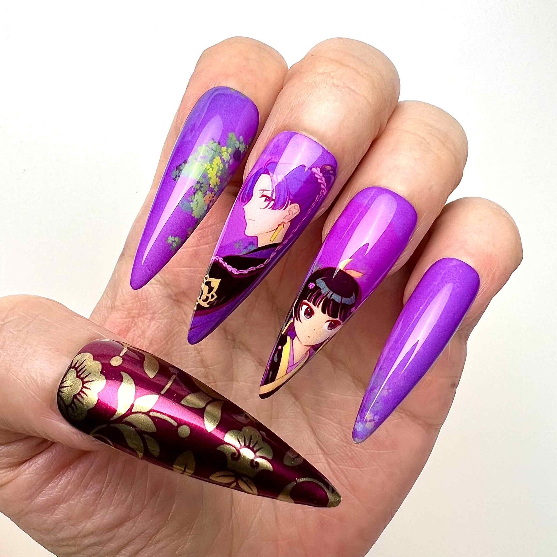 The Apothecary Diaries Nails – Maomao &amp; Jinshi Press-On Set, Burgundy &amp; Gold Floral Anime Design | Dragonnail