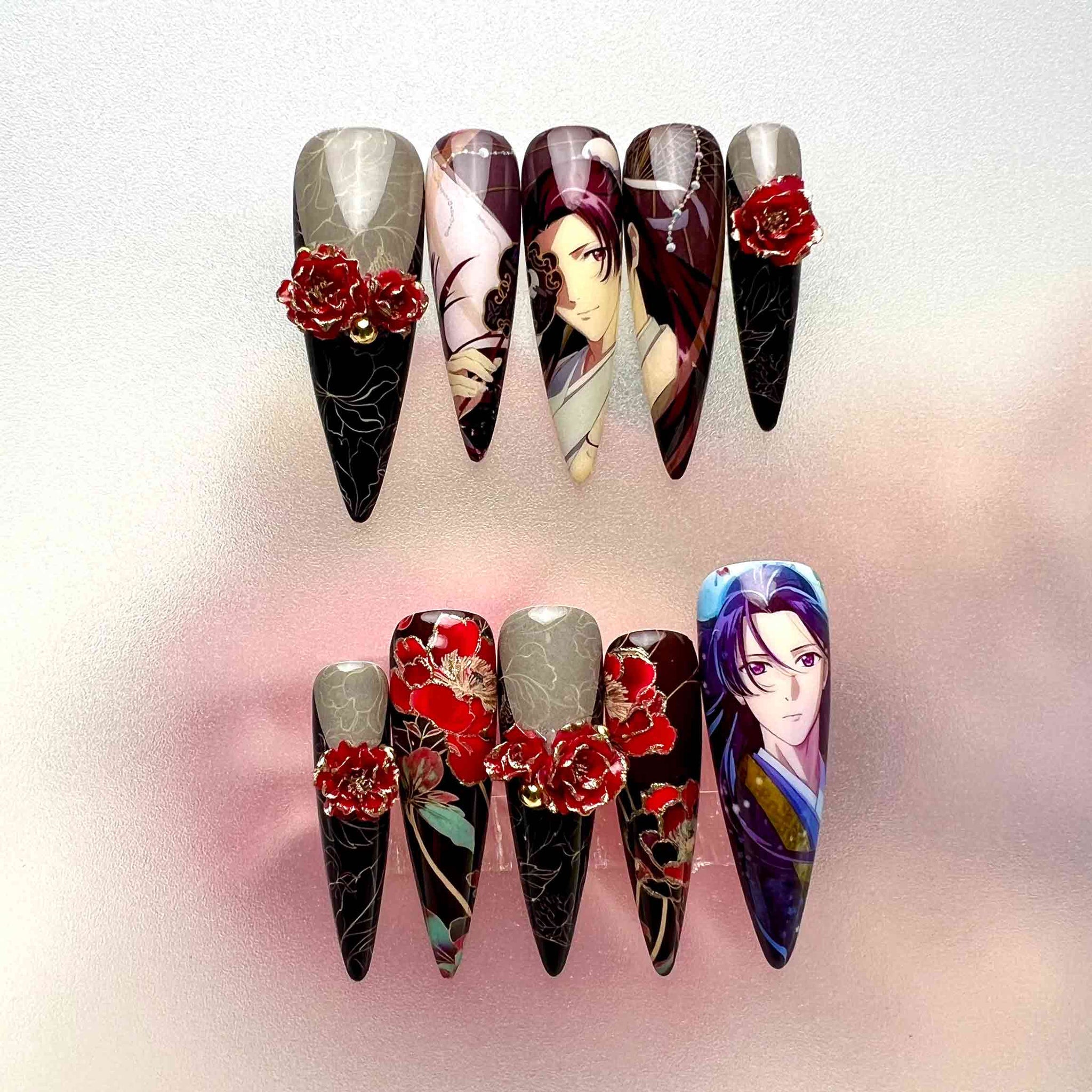 Mo Dao Zu Shi Nails – WangXian Press-On Set, 3D Red Peony &amp; Gothic Floral Donghua Design | Dragonnail