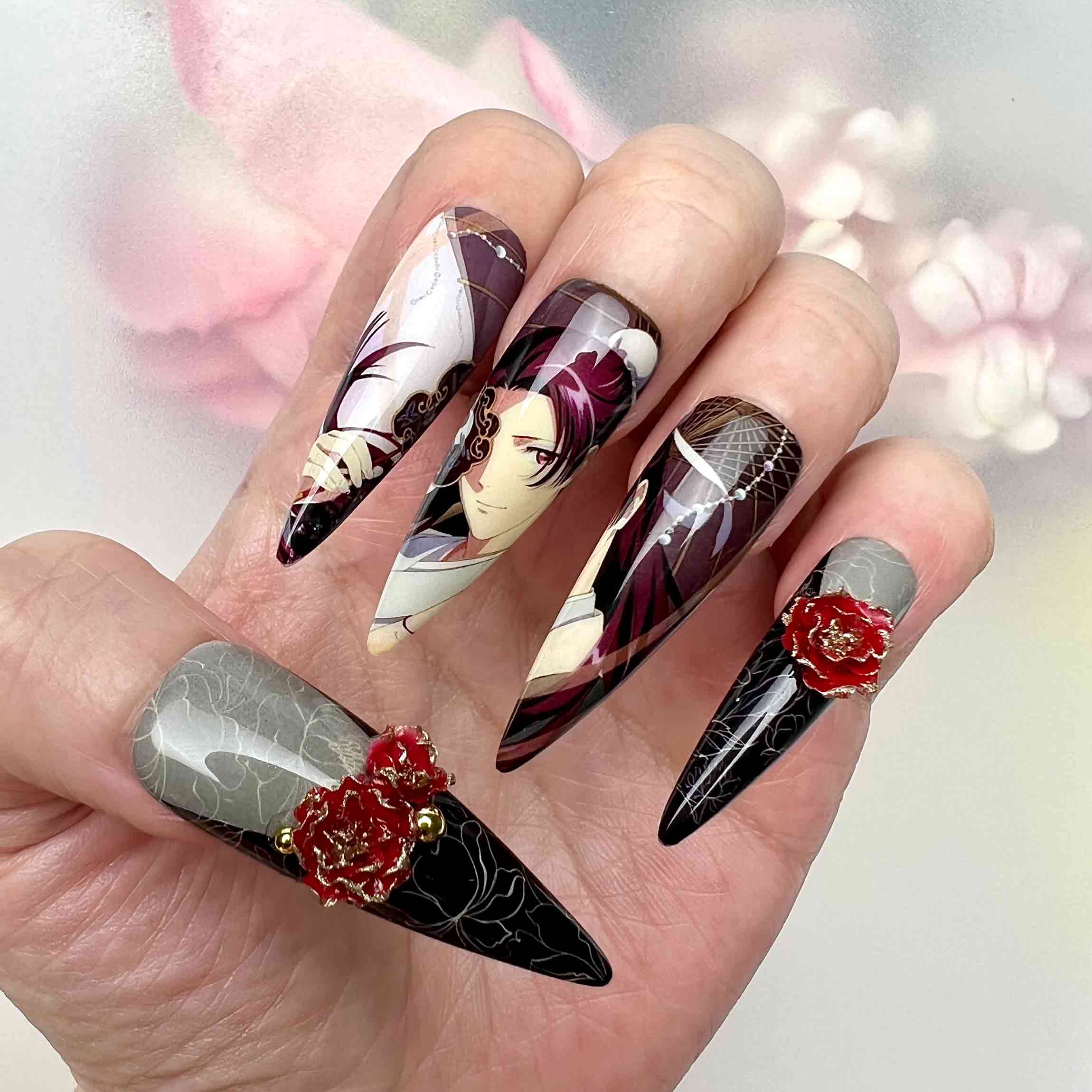 Mo Dao Zu Shi Nails – WangXian Press-On Set, 3D Red Peony &amp; Gothic Floral Donghua Design | Dragonnail