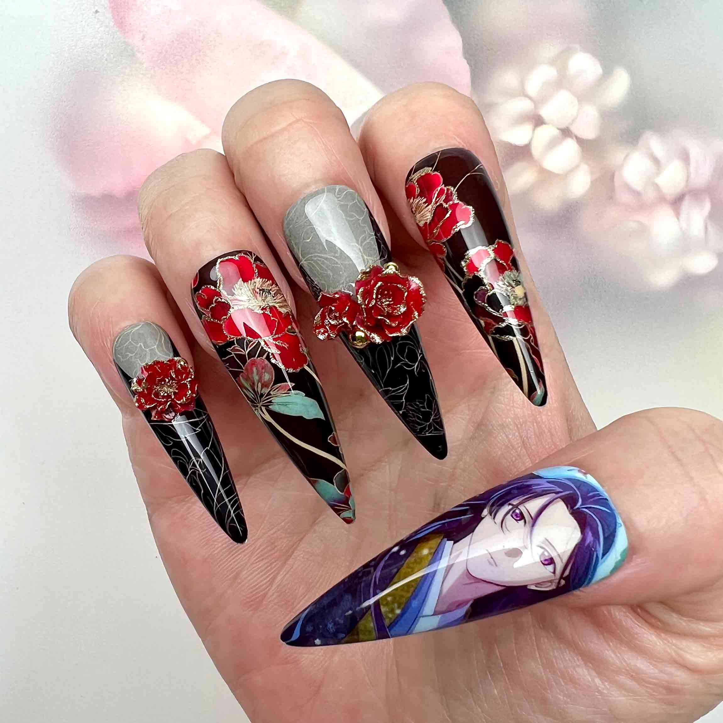 Mo Dao Zu Shi Nails – WangXian Press-On Set, 3D Red Peony &amp; Gothic Floral Donghua Design | Dragonnail