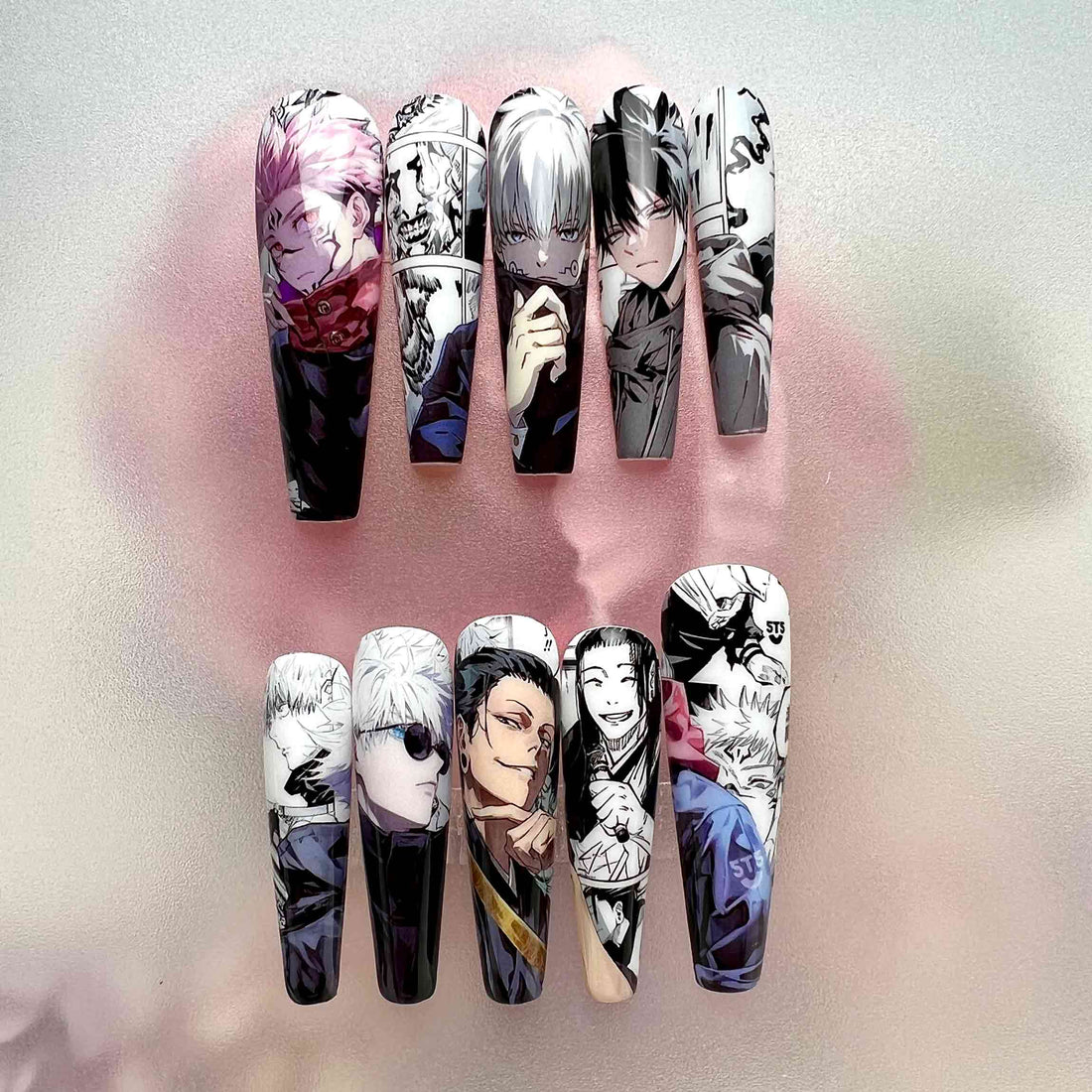 Jujutsu Kaisen Manga Nails – Gojo, Geto, Sukuna &amp; Yuta Press-On Set, Black &amp; White Anime Design | Dragonnail