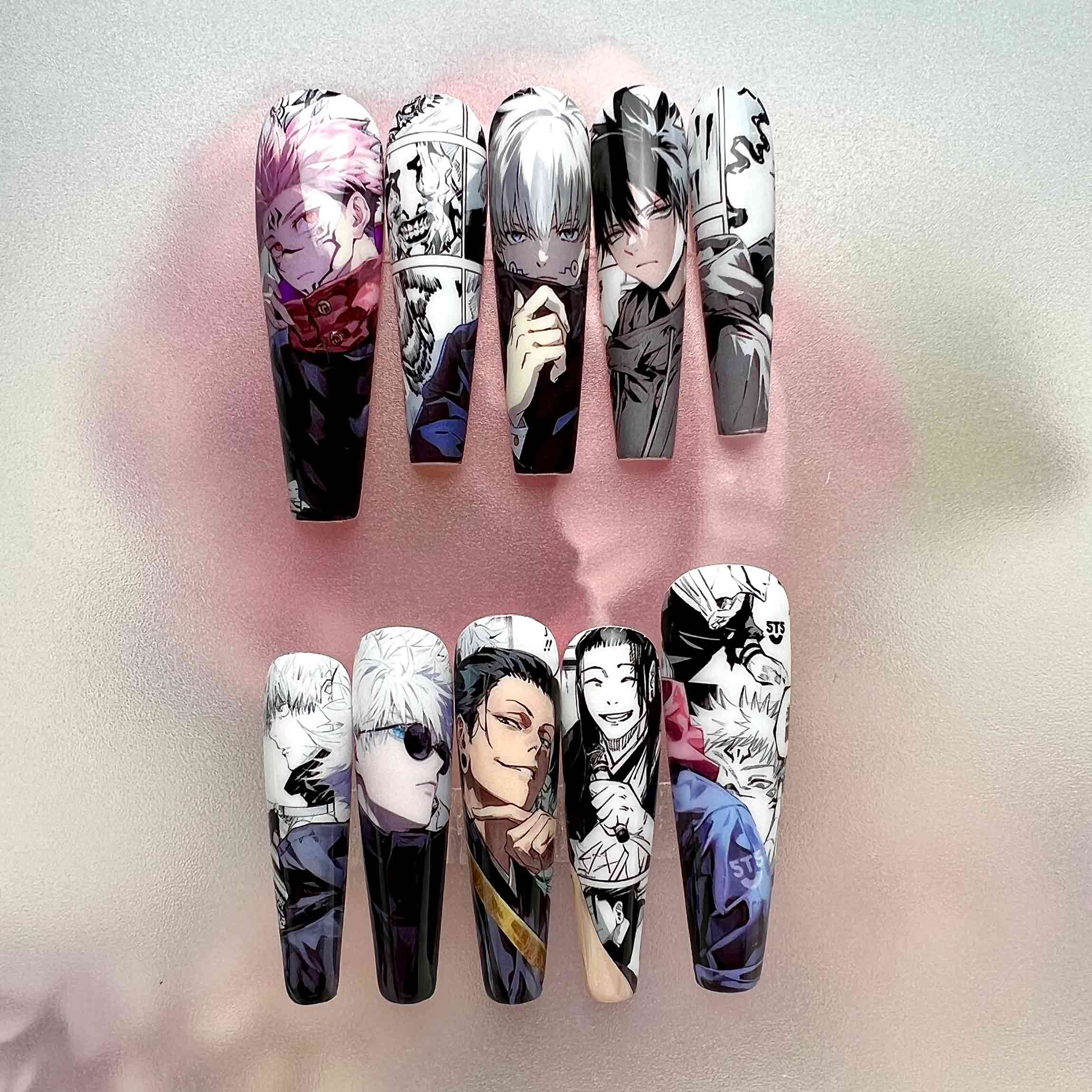 Jujutsu Kaisen Manga Nails – Gojo, Geto, Sukuna &amp; Yuta Press-On Set, Black &amp; White Anime Design | Dragonnail