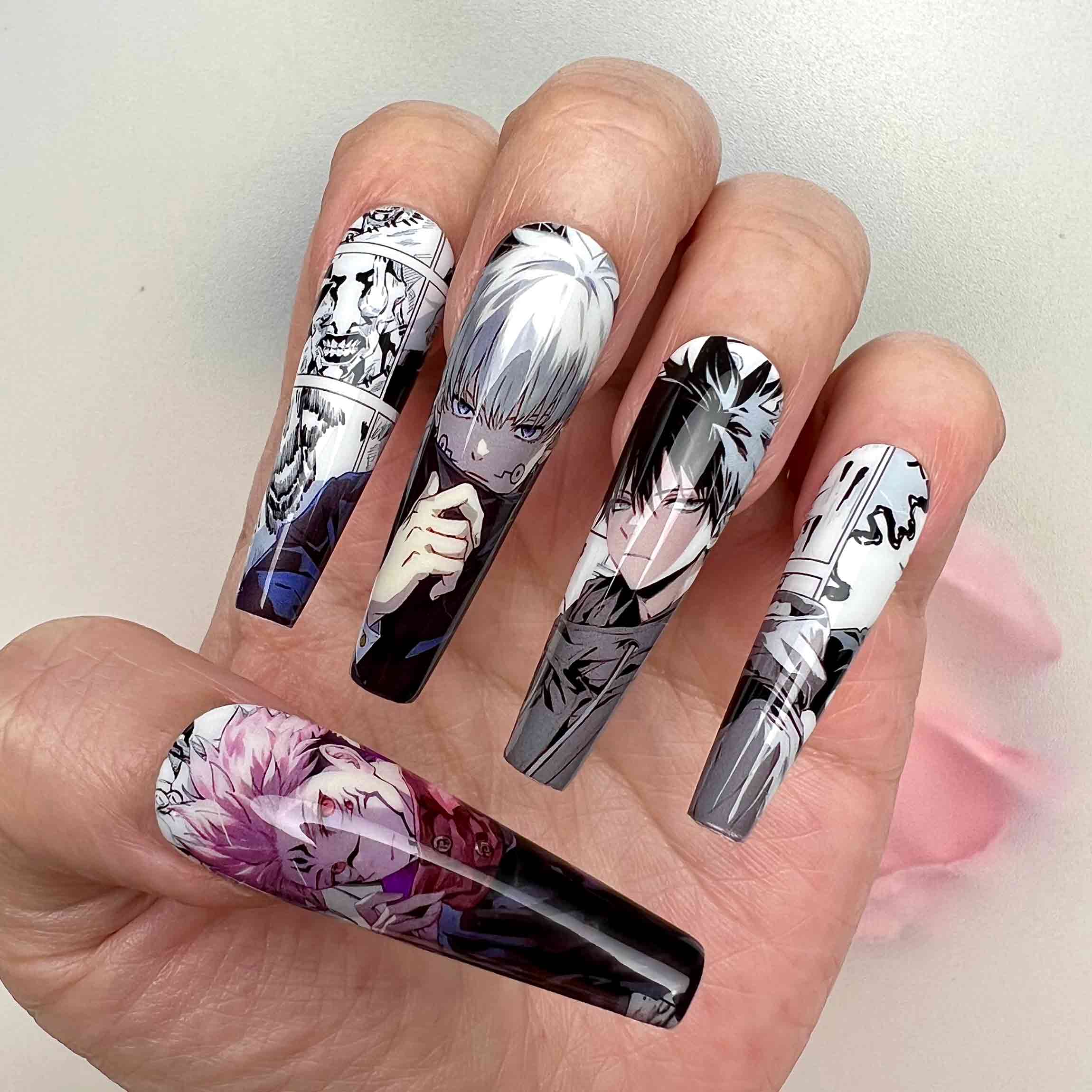 Jujutsu Kaisen Manga Nails – Gojo, Geto, Sukuna &amp; Yuta Press-On Set, Black &amp; White Anime Design | Dragonnail