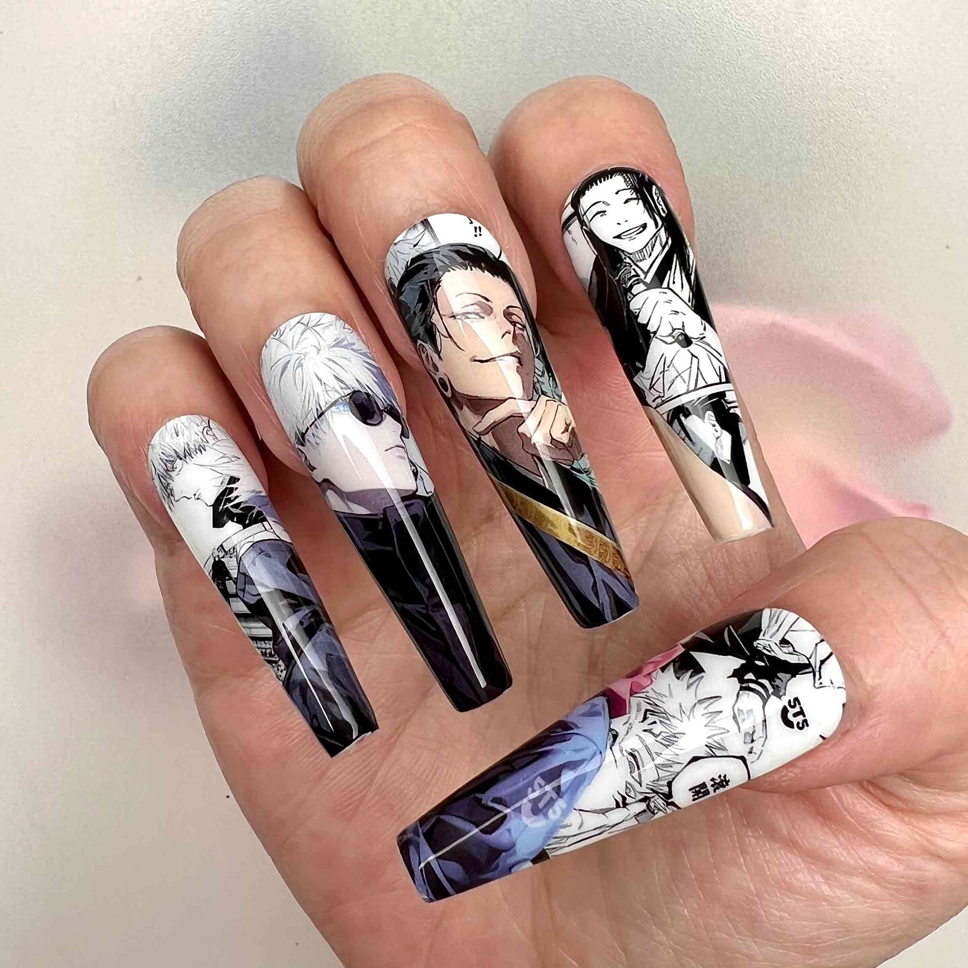 Jujutsu Kaisen Manga Nails – Gojo, Geto, Sukuna &amp; Yuta Press-On Set, Black &amp; White Anime Design | Dragonnail