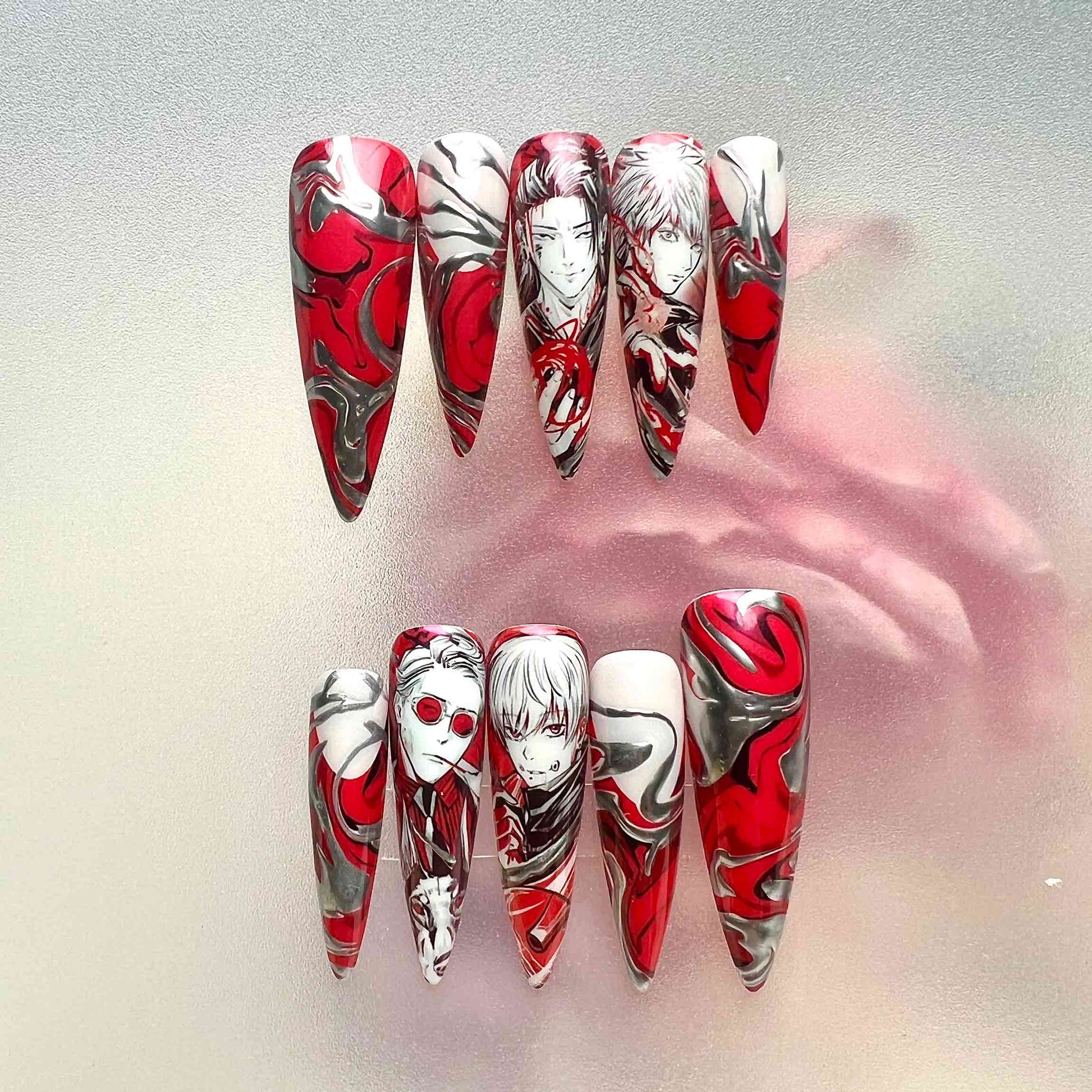 Yuta Okkotsu Nails – Jujutsu Kaisen 0 Press-On Set, Red &amp; Silver Chrome Abstract Curse Design | Dragonnail
