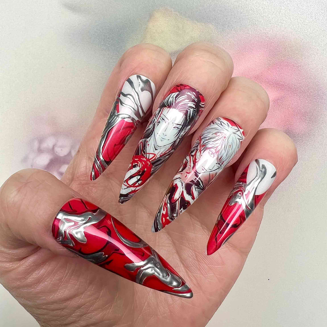 Yuta Okkotsu Nails – Jujutsu Kaisen 0 Press-On Set, Red &amp; Silver Chrome Abstract Curse Design | Dragonnail