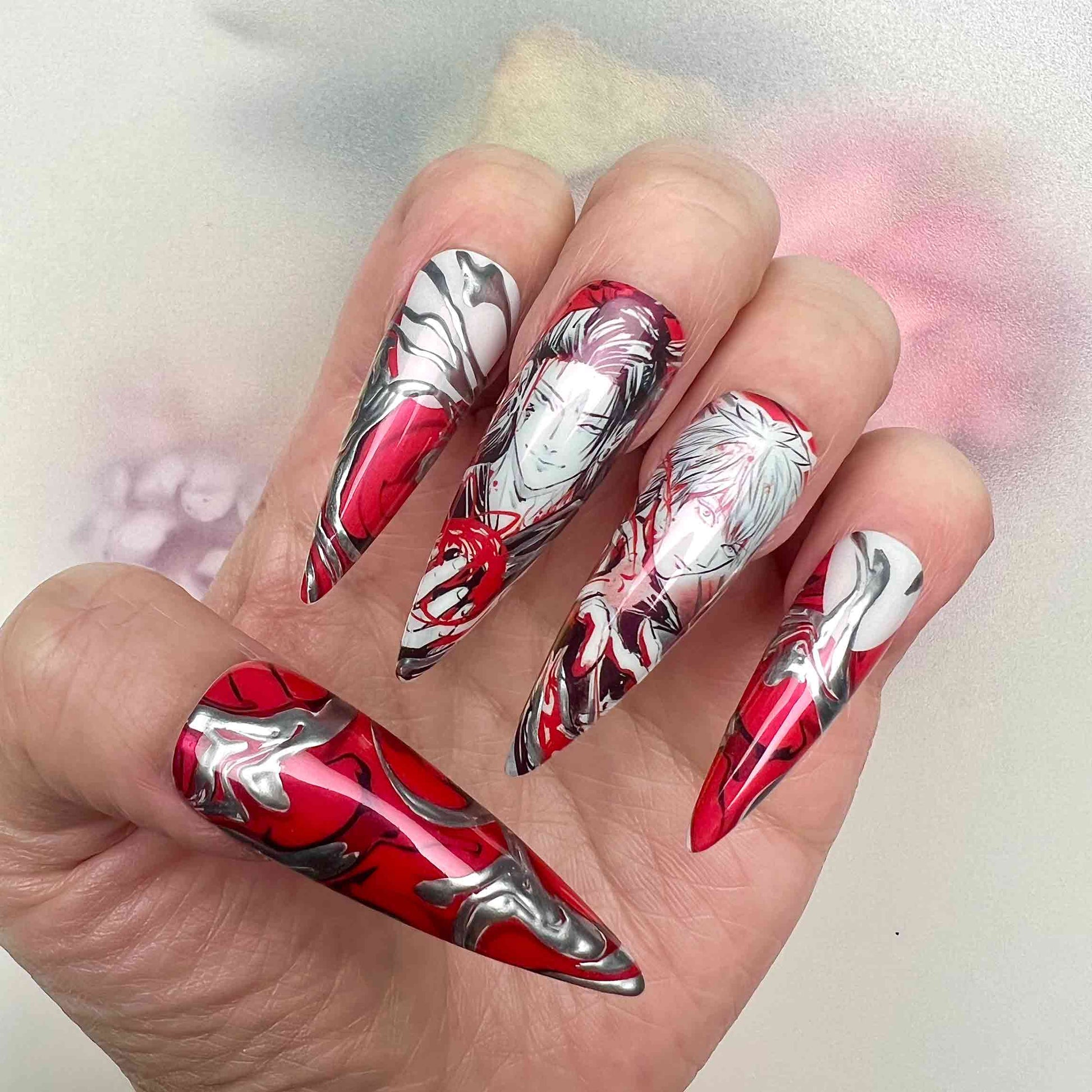Yuta Okkotsu Nails – Jujutsu Kaisen 0 Press-On Set, Red &amp; Silver Chrome Abstract Curse Design | Dragonnail