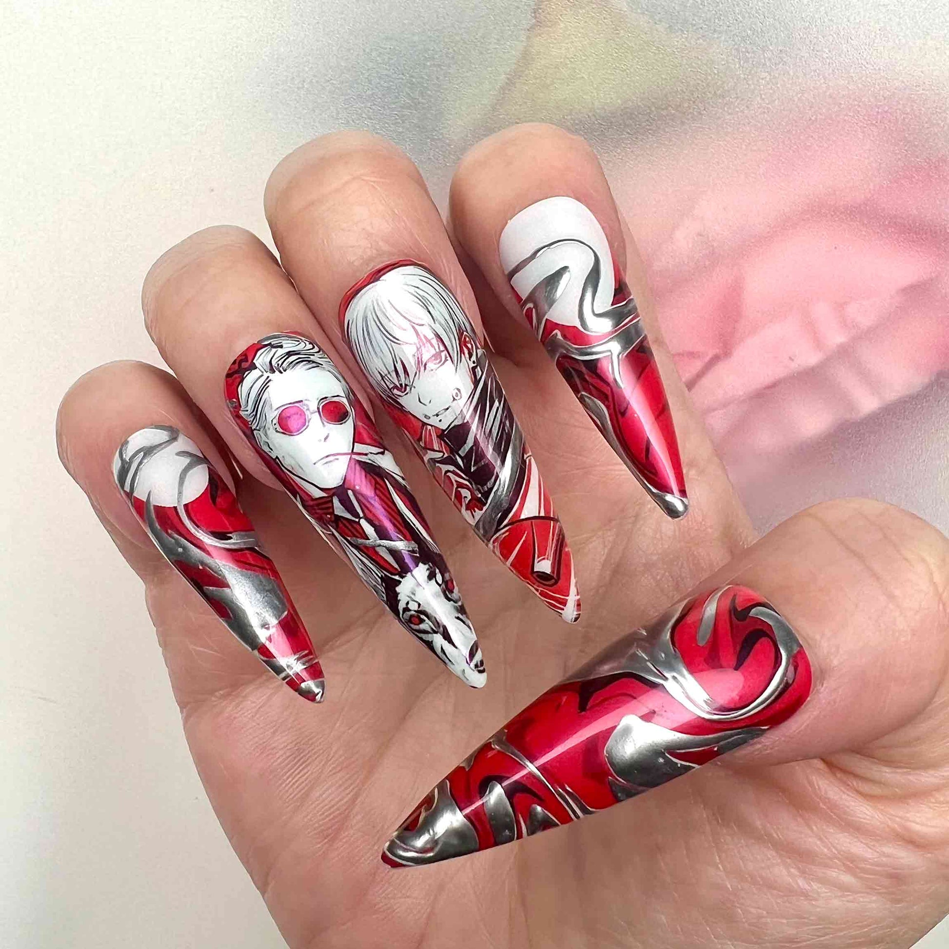 Yuta Okkotsu Nails – Jujutsu Kaisen 0 Press-On Set, Red &amp; Silver Chrome Abstract Curse Design | Dragonnail
