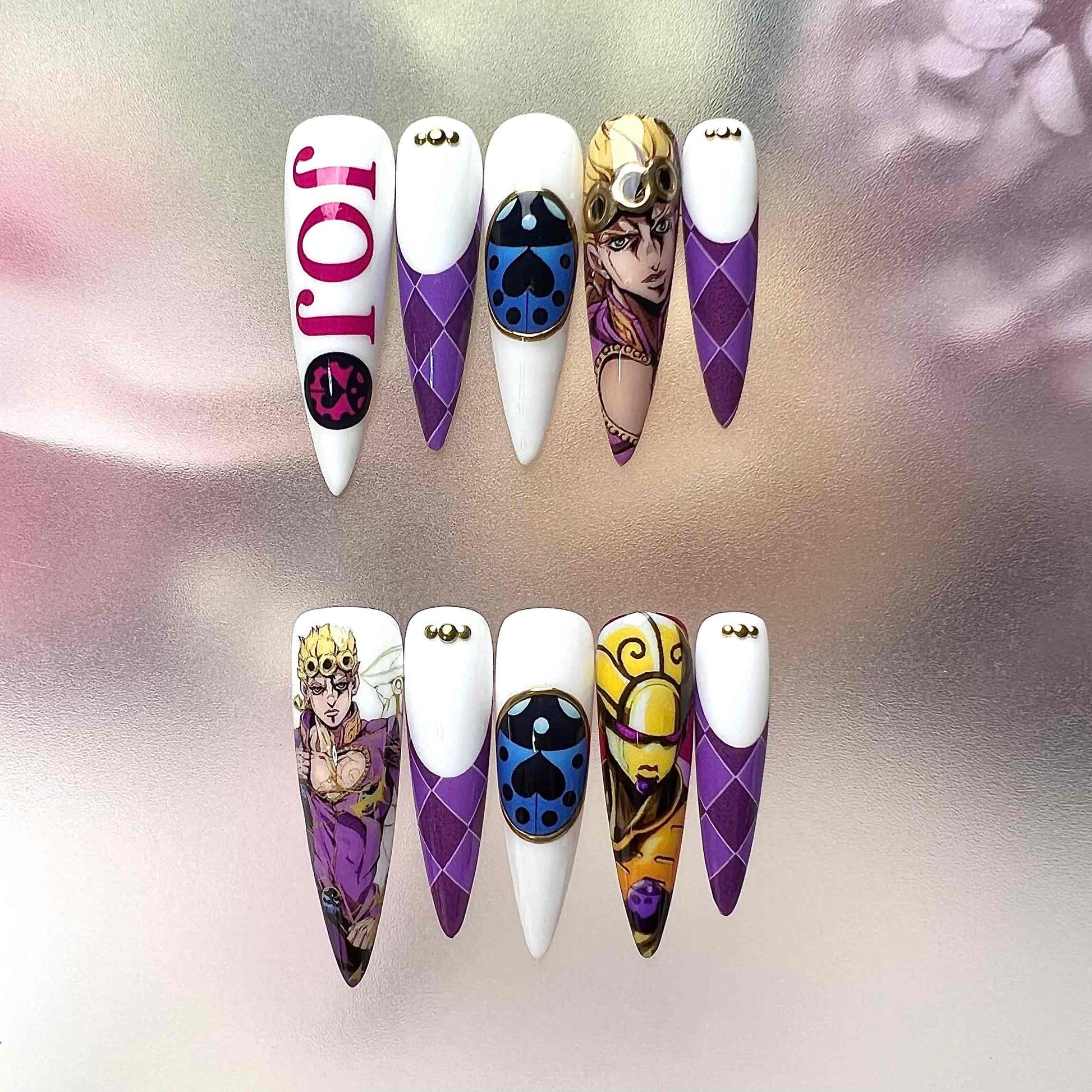 JoJo's Bizarre Adventure Nails – Giorno Giovanna Press-On Set, Golden Wind Gold Experience Purple Design | Dragonnail