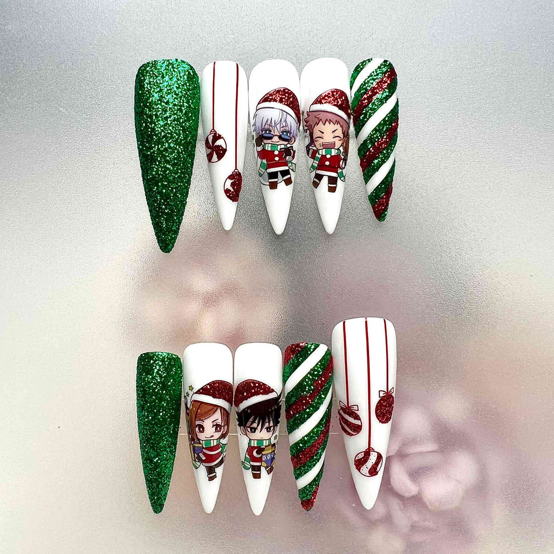 Jujutsu Kaisen Christmas Nails – Gojo, Yuji &amp; Megumi Press-On Set, Holiday Green Glitter Anime Design | Dragonnail