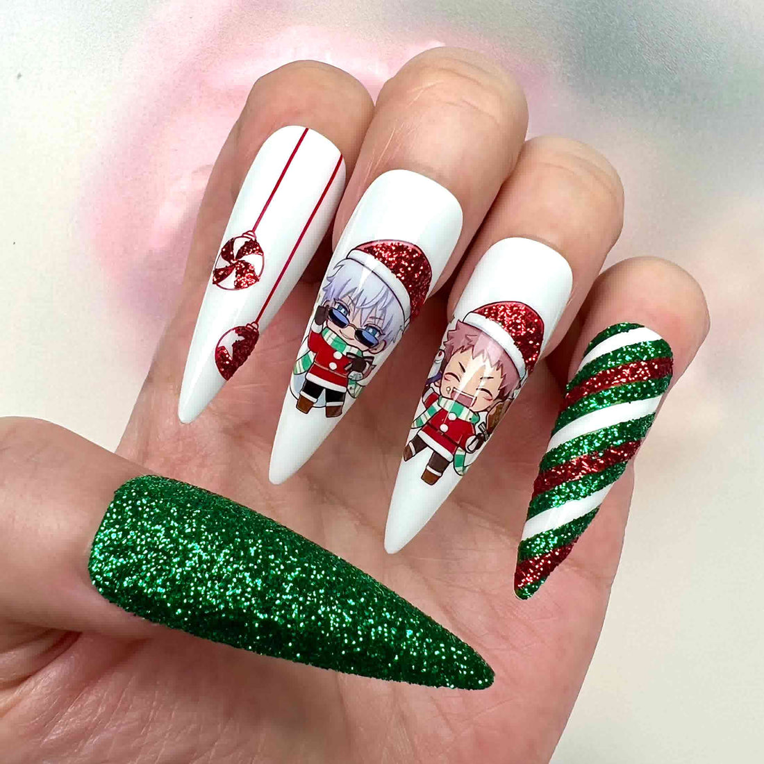 Jujutsu Kaisen Christmas Nails – Gojo, Yuji &amp; Megumi Press-On Set, Holiday Green Glitter Anime Design | Dragonnail