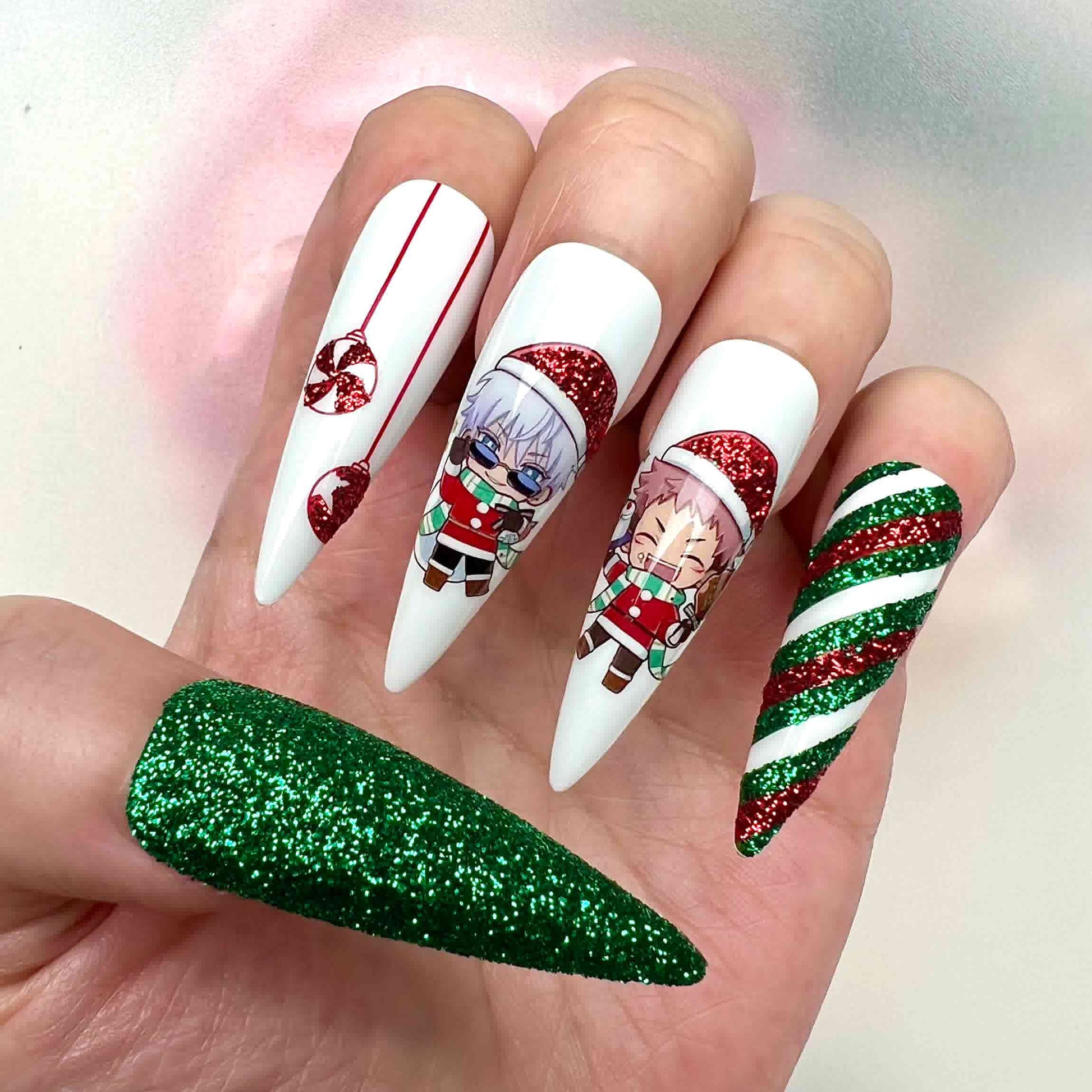 Jujutsu Kaisen Christmas Nails – Gojo, Yuji &amp; Megumi Press-On Set, Holiday Green Glitter Anime Design | Dragonnail