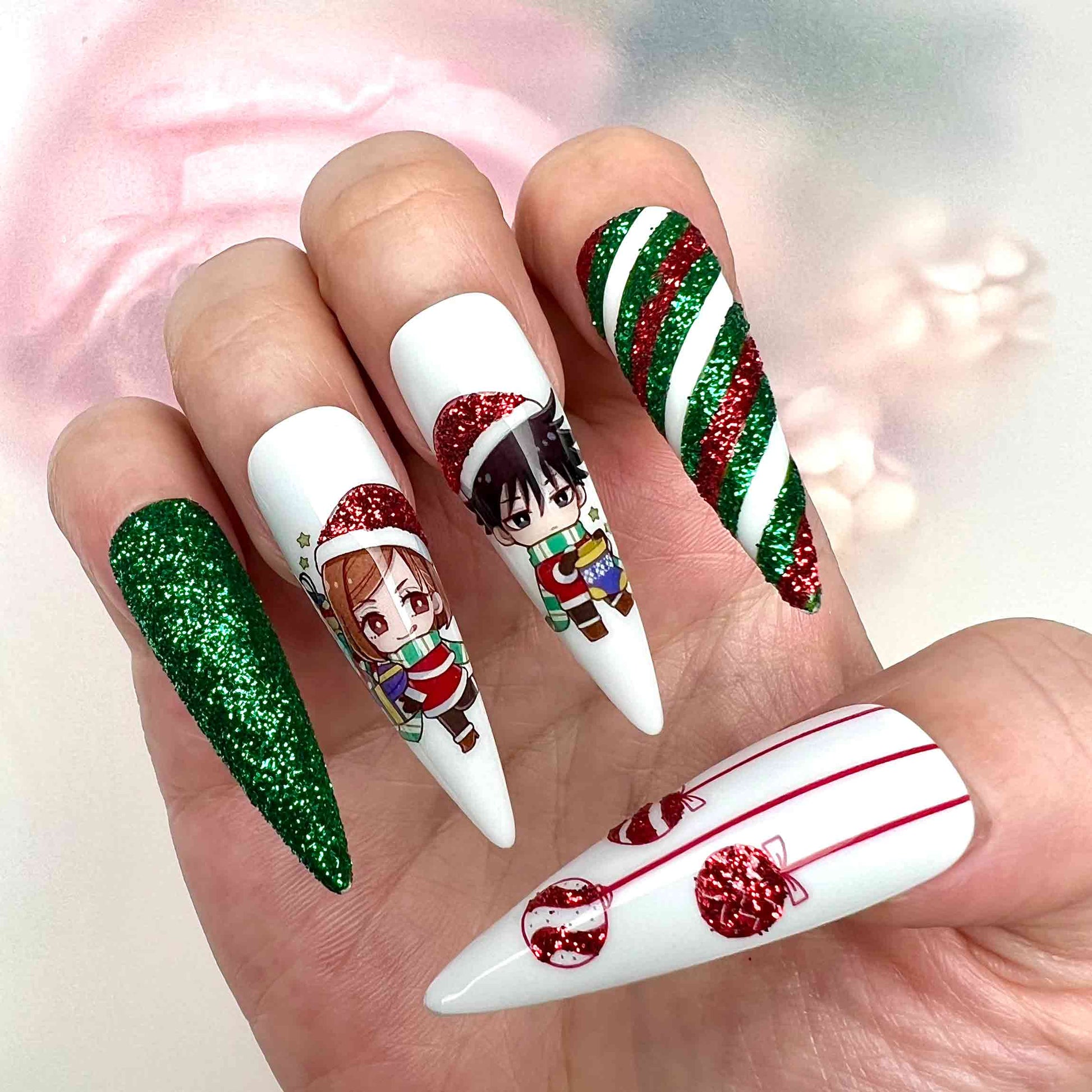 Jujutsu Kaisen Christmas Nails – Gojo, Yuji &amp; Megumi Press-On Set, Holiday Green Glitter Anime Design | Dragonnail