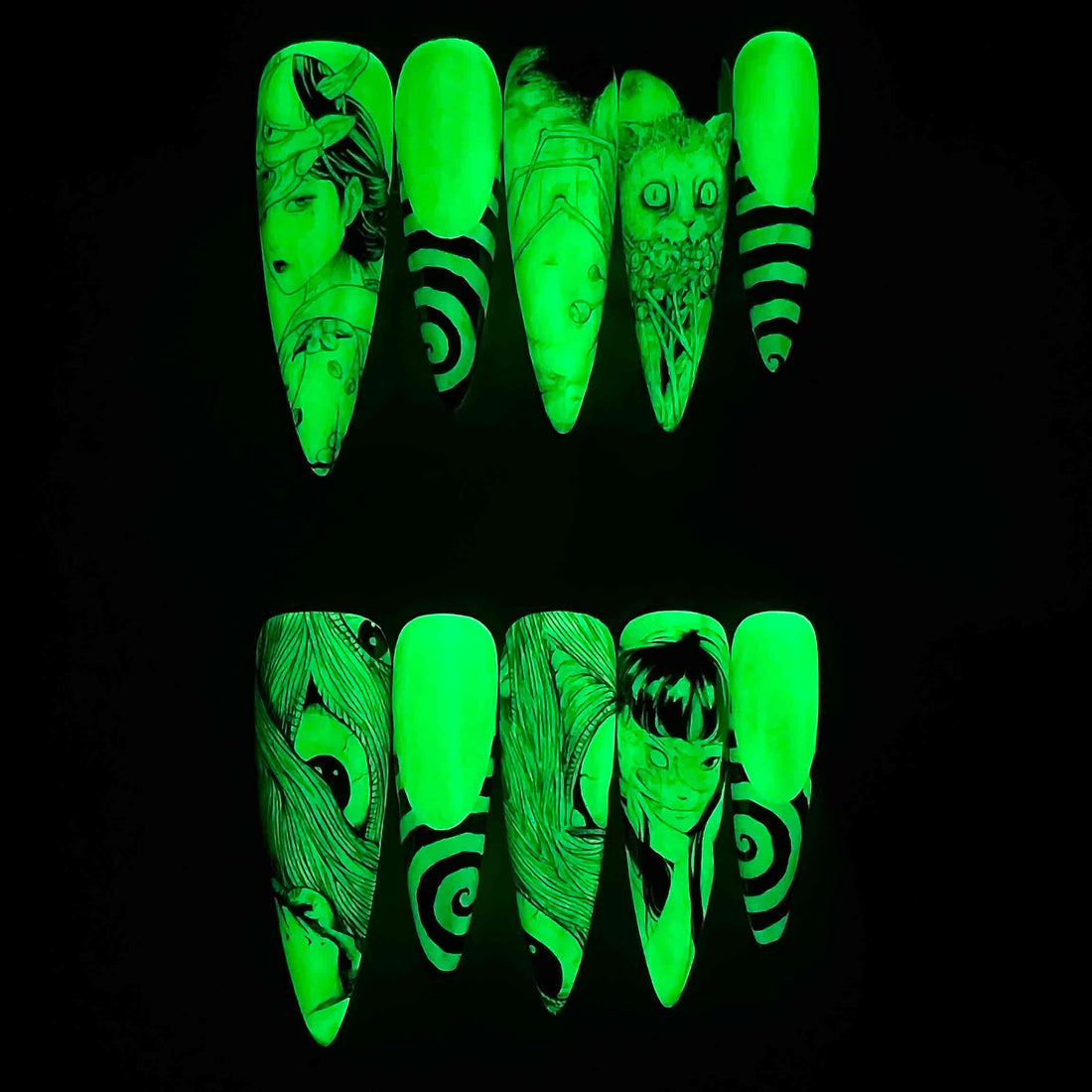 Junji Ito Glow-in-the-Dark Nails – Uzumaki Horror Manga Press-On Nail Set | Dragonnail