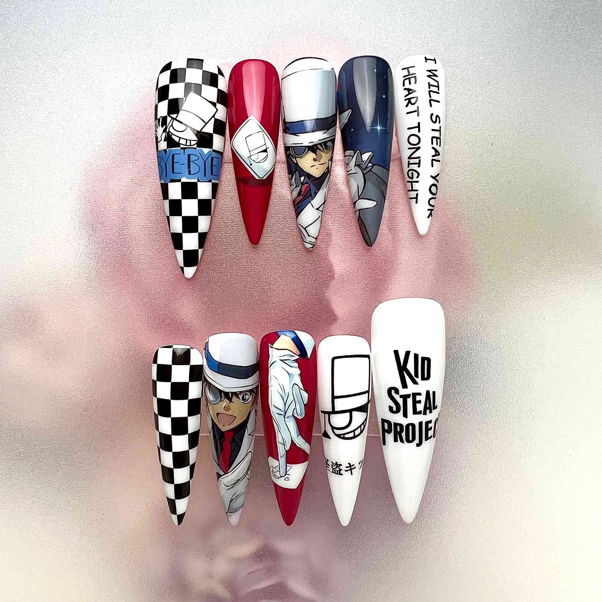 Kaito Kid Nails – Detective Conan Press-On Set, Phantom Thief 1412 Checkerboard Design | Dragonnail