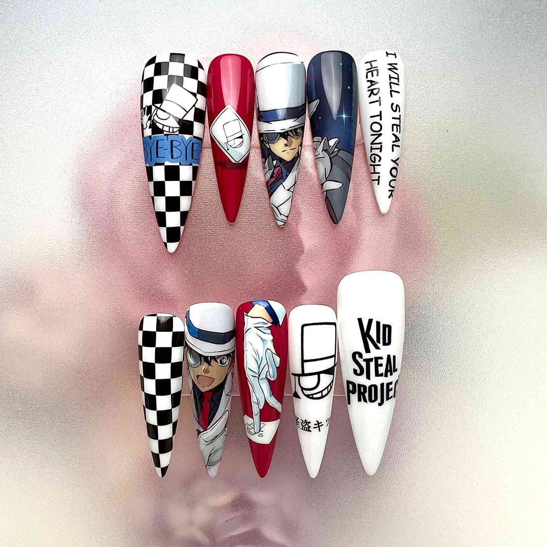 Kaito Kid Nails – Detective Conan Press-On Set, Phantom Thief 1412 Checkerboard Design | Dragonnail