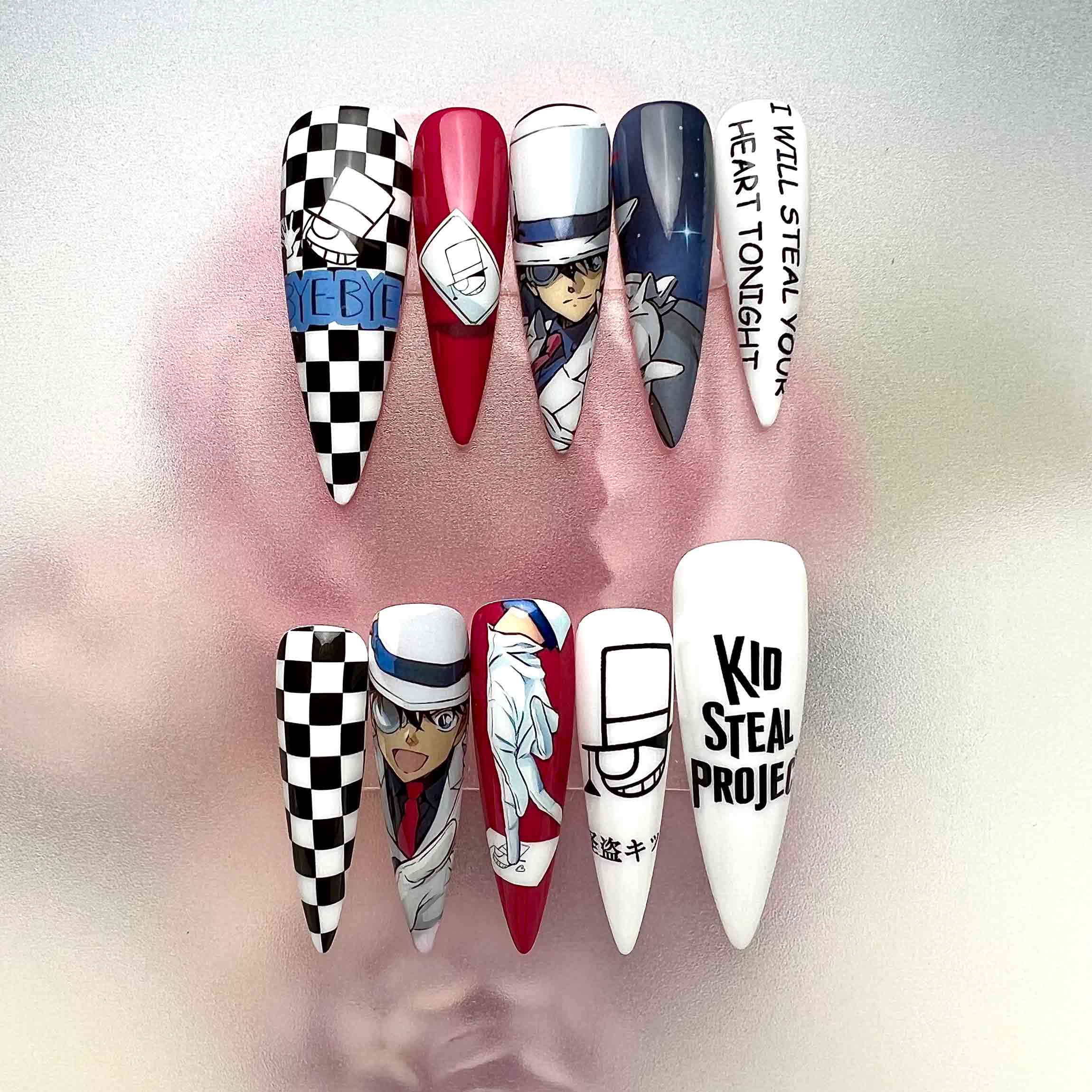 Kaito Kid Nails – Detective Conan Press-On Set, Phantom Thief 1412 Checkerboard Design | Dragonnail