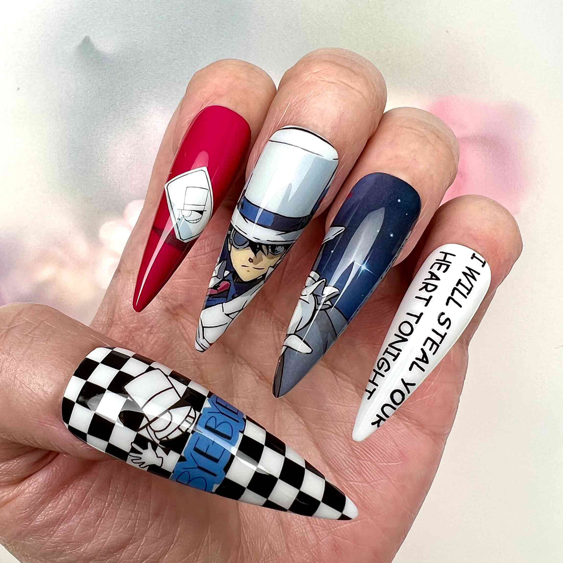 Kaito Kid Nails – Detective Conan Press-On Set, Phantom Thief 1412 Checkerboard Design | Dragonnail