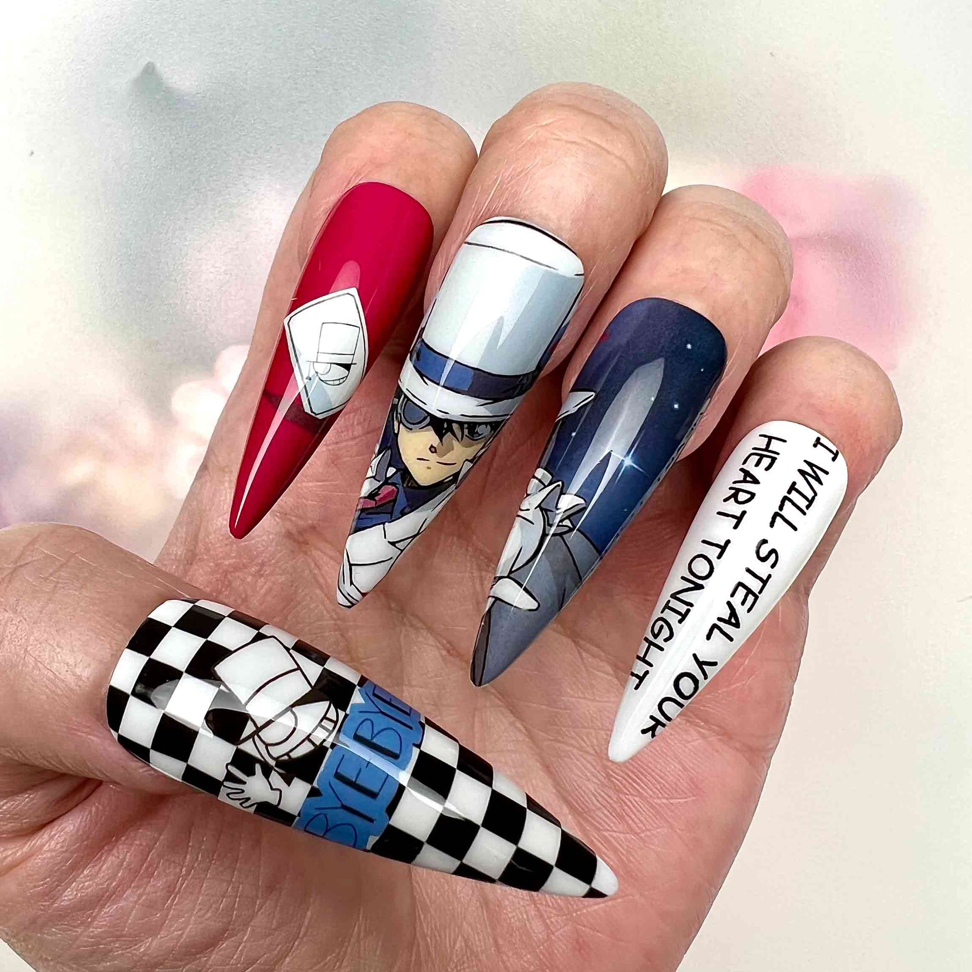 Kaito Kid Nails – Detective Conan Press-On Set, Phantom Thief 1412 Checkerboard Design | Dragonnail