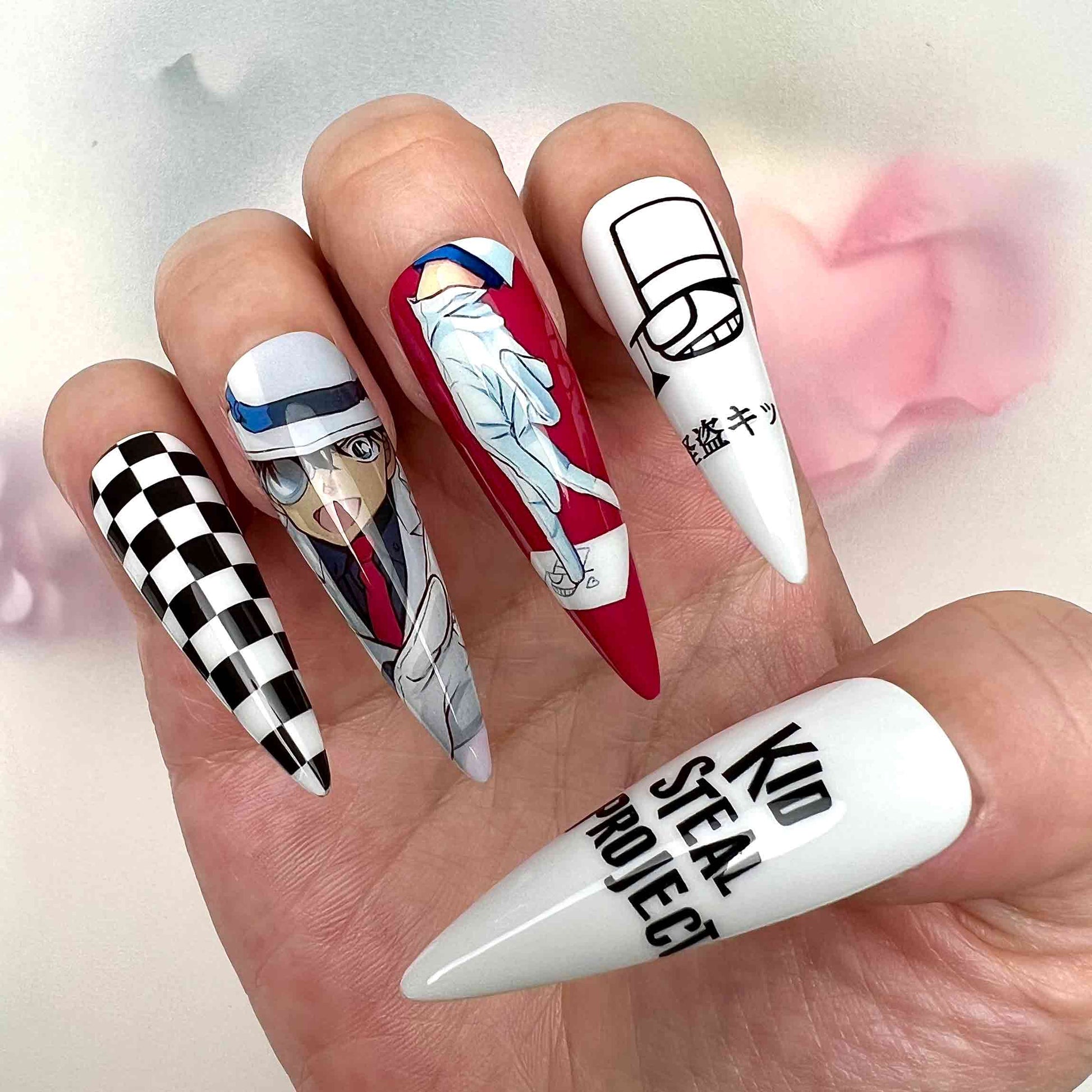 Kaito Kid Nails – Detective Conan Press-On Set, Phantom Thief 1412 Checkerboard Design | Dragonnail
