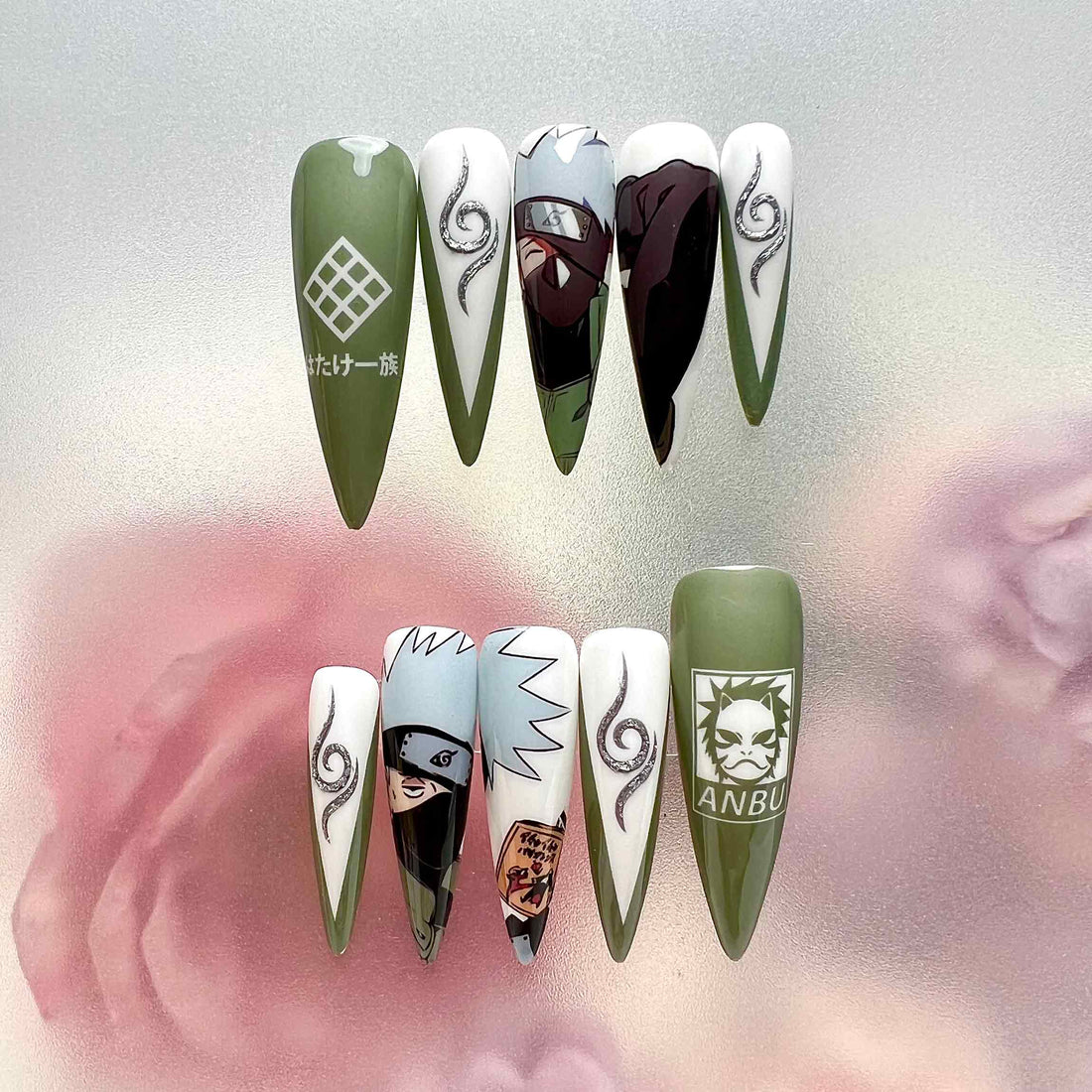 Naruto Shippuden Kakashi Hatake Press-On Nails | ANBU &amp; Jōnin Anime Set | Clan Symbol, Snake Tattoo &amp; Signature Green | Dragonnail